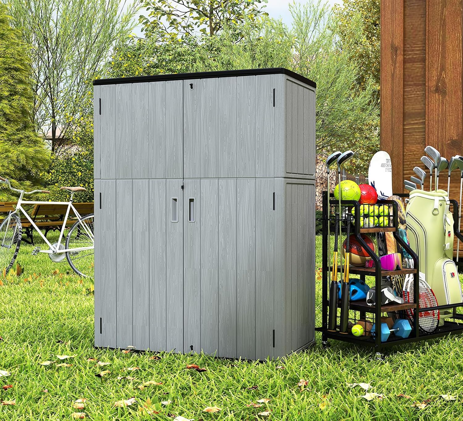 ZZM 57 Cu.ft Outdoor Storage Shed with Floor HDPE Double-Wall Resin Sheds Outdoor Storage, Lockable Weatherproof Storage Cabinet Fit for Garden Tools, Garage can, Bike, Patio Furniture, Grey