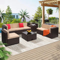KROFEM 8-Piece Patio Furniture Set, Outdoor Wicker Rattan Sectional with Thick Cushions, Glass Top Table with Hidden Storage, Outdoor Conversation Set for Backyard, Porch, Patio, Beige