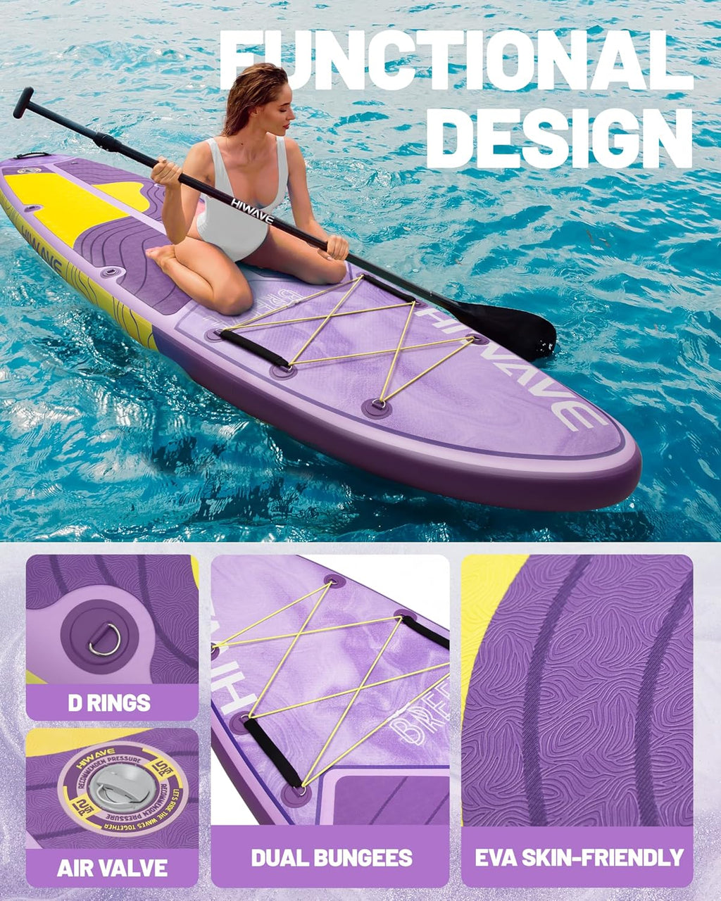 Hiwave Inflatable Stand Up Paddle Board 11'*34'*6' Sup Board, 420lbs Capacity Adult&Youth Paddle Board, Pet Friendly for Ocean&Lake, w/Double Action Hand Pump