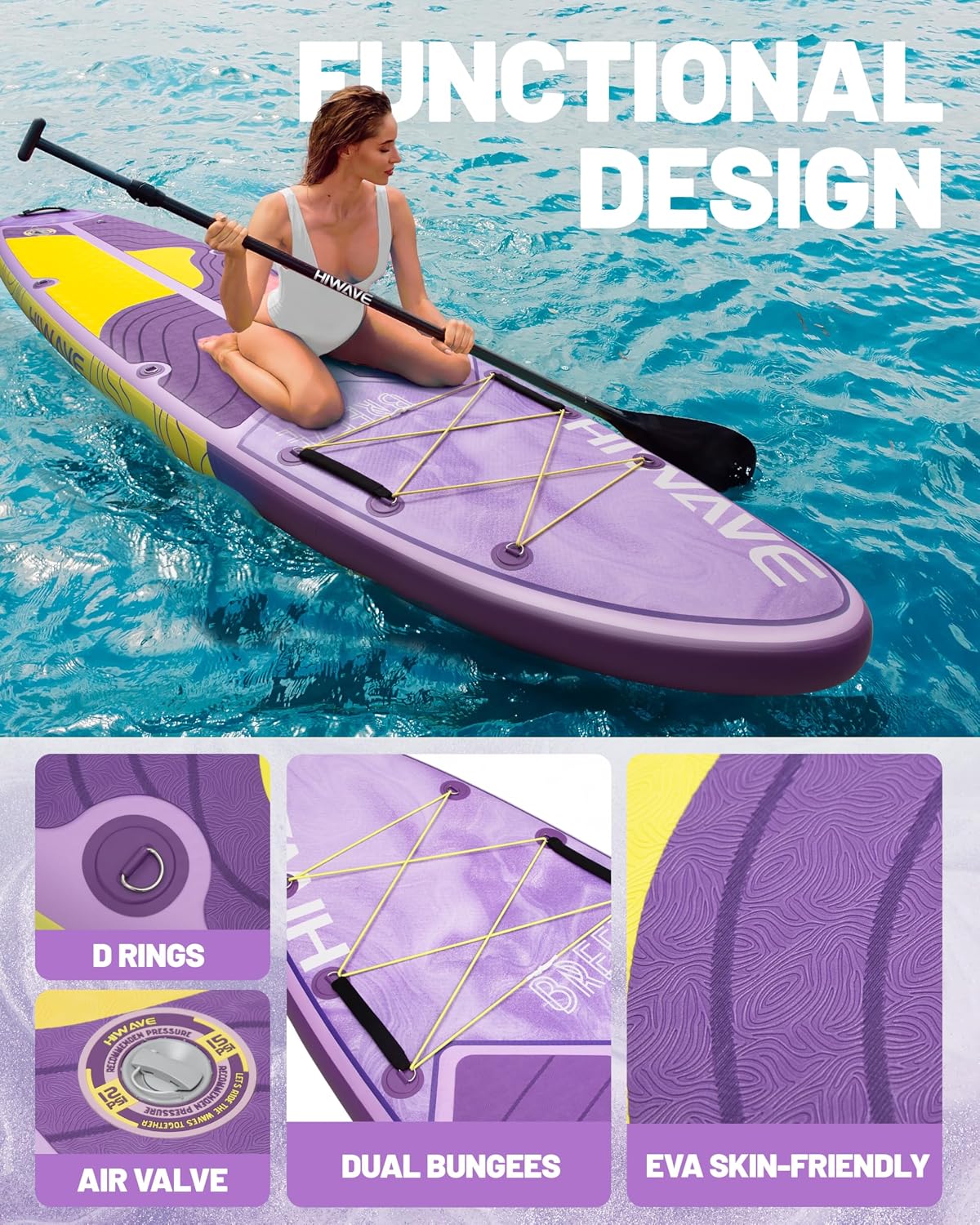 Hiwave Inflatable Stand Up Paddle Board 11'*34'*6' Sup Board, 420lbs Capacity Adult&Youth Paddle Board, Pet Friendly for Ocean&Lake, w/Double Action Hand Pump