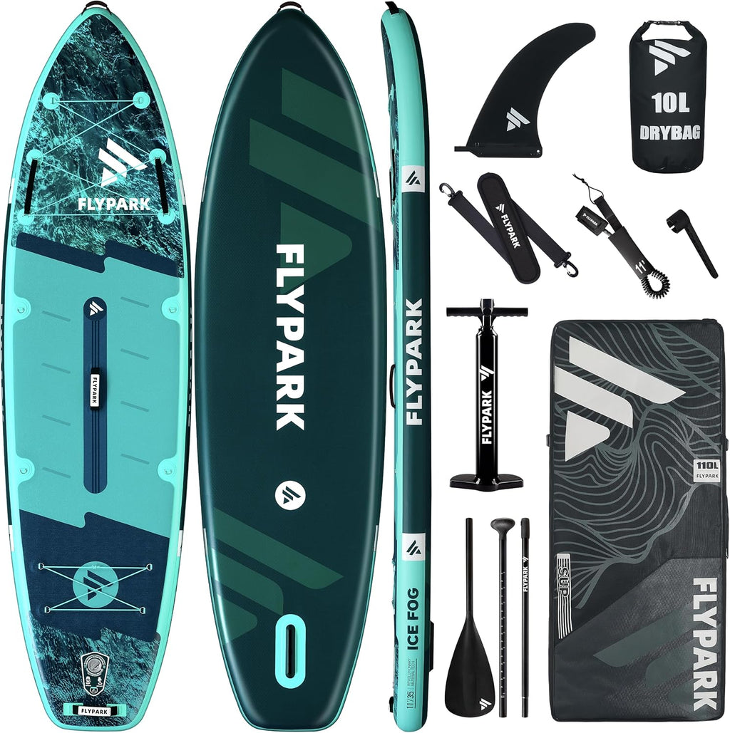 Flypark 10'8/11'x35'' Fishing&Family Stable Inflatable Paddle Boards, Extra Wide SUP Paddleboard Inflatable, 430lb/3 People, Stand Up Paddle Board for Adults, Camera Mount, Shoulder Strap, Rod Holder