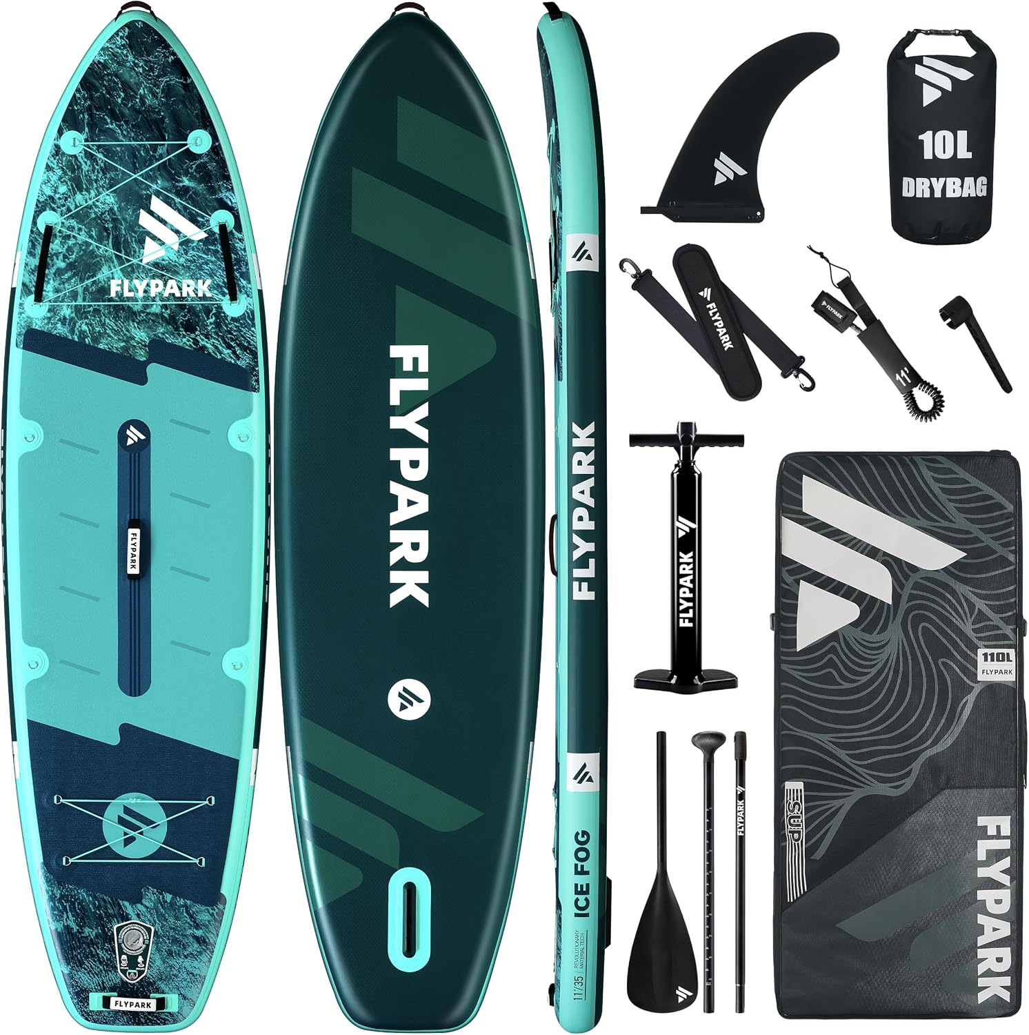 Flypark 10'8/11'x35'' Fishing&Family Stable Inflatable Paddle Boards, Extra Wide SUP Paddleboard Inflatable, 430lb/3 People, Stand Up Paddle Board for Adults, Camera Mount, Shoulder Strap, Rod Holder