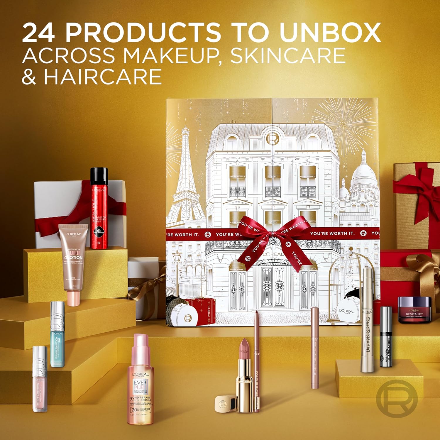 L'Oreal Paris 24 Day Beauty Advent Calendar 2025, Holiday Gift Set Includes Deluxe-Sized and Miniature Makeup, Skincare and Haircare Products