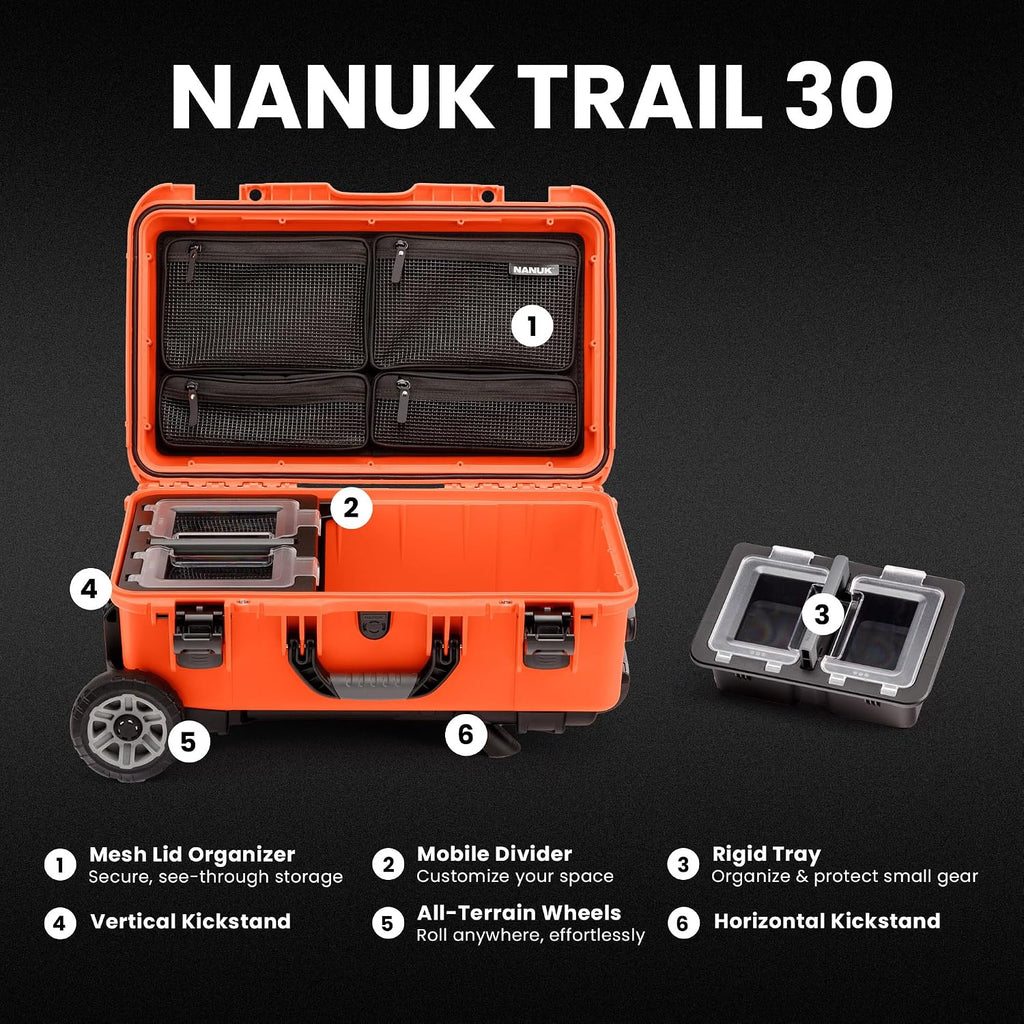 NANUK Trail 30 – 28.5L (7.5-Gallon) Waterproof Storage Box – Wheeled and Modular Cargo Case for Camping, Fishing, Hunting & Outdoor Storage - Dustproof and Impact Resistant (22' x 14' x 9') – Orange