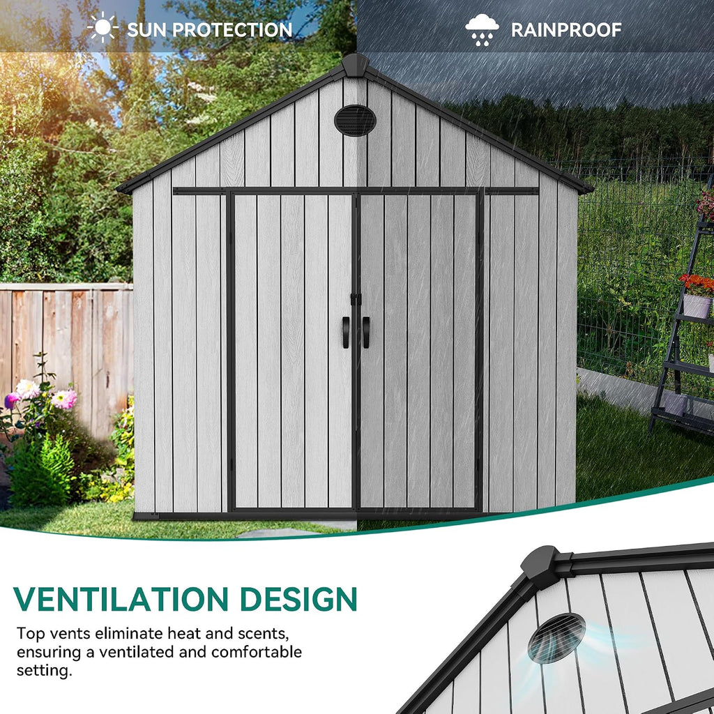 YITAHOME 8x10 FT Outdoor Storage Shed with Floor, Extra Thick Plastic Garden Shed for Bikes Tools Supplies, Waterproof Resin Shed with Lockable Doors, 2 Vision Windows & Vents for Patio, Gray