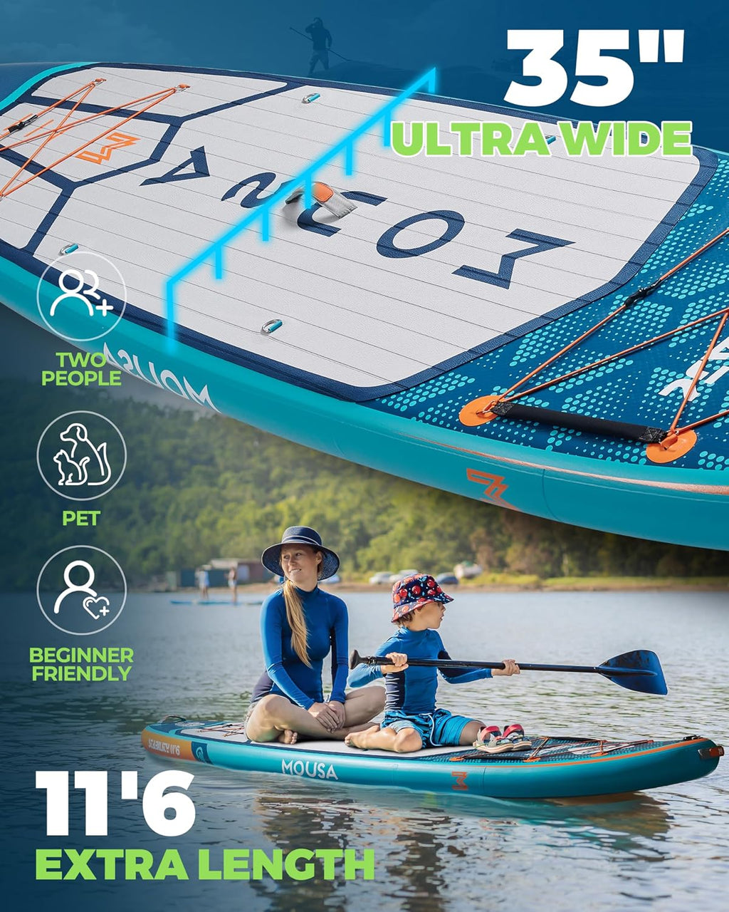 MOUSA 11'6'x35 Extra Wide Inflatable Stand Up Paddle Board, Stable Long SUP for 2 People/Family, Shoulder Strap, 3/5 Handles, 100L Backpack, All-Round Sup Board, Removeable Fin
