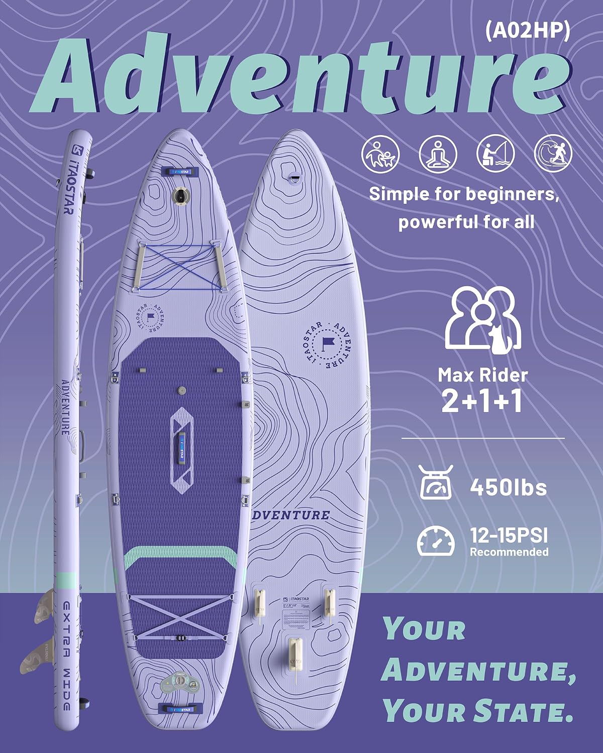 iTAOSTAR Adventure 12' × 35'/39' Inflatable Stand Up Paddle Board with Seat, Extra Wide SUP Board with 5 Fins Stable Design for Adults, Youth, All Skill Levels, Lakes, Oceans & Fishing