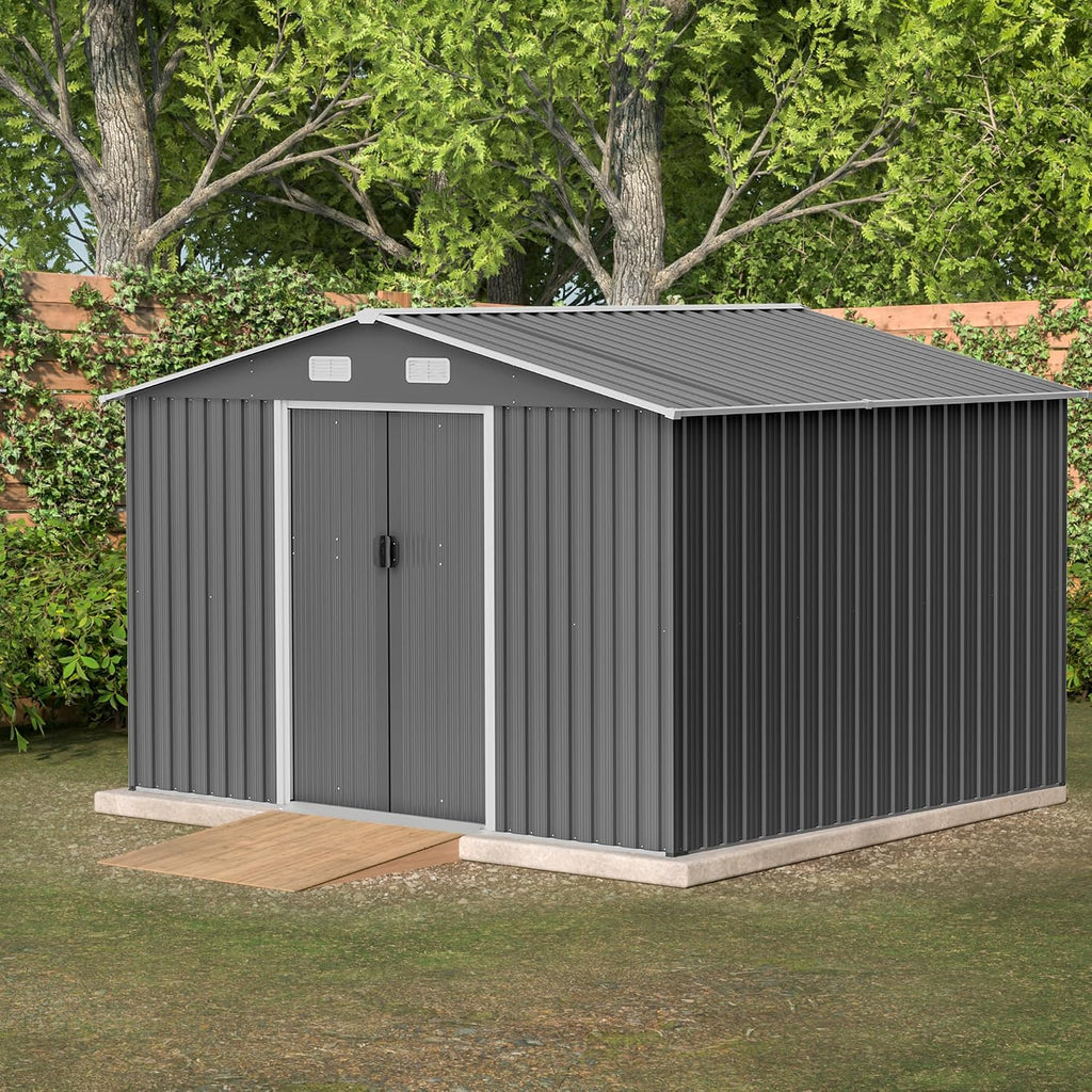 YOPTO 10X8 FT Outdoor Storage Shed W/Lockable Sliding Doors,Metal Shed W/Sloped Roof & Air Vents,All Weather Garden Tool House for Backyard Patio Lawn,Gray
