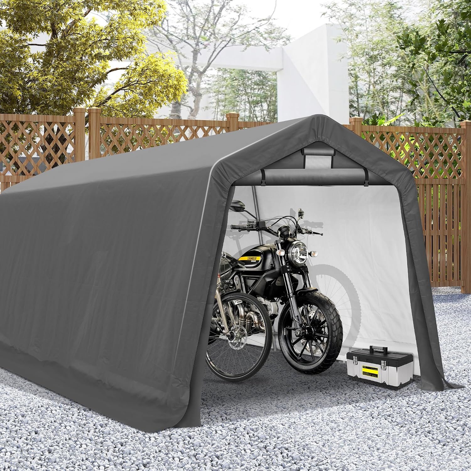 COVERONICS 8' x 14' Outdoor Storage Shed - Heavy Duty Portable Shelter Carport with Ventilation Windows and Roll-up Doors, Storage Shelter Tent for Motorcycle, Bike, Lawnmower and Garden Tools, Grey