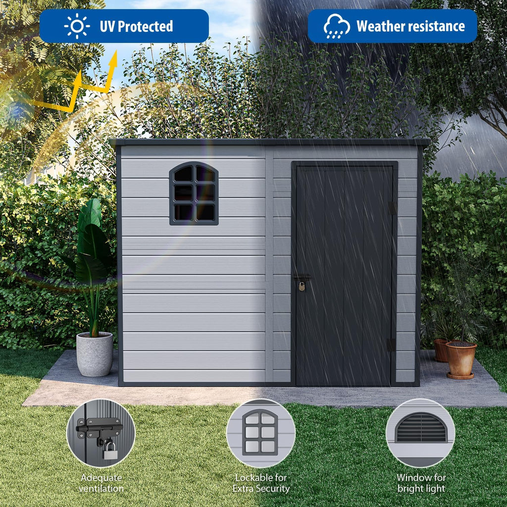 Storage shed 8.1x4.7 ft, Lean to Resin Shed, Storage Sheds Outdoor with Floor, Outdoor Sheds Garden Tools Bike Shed, Garden Sheds & Outdoor Storage Sloping Roof, Lockable Door, Window for Lawn, Patio