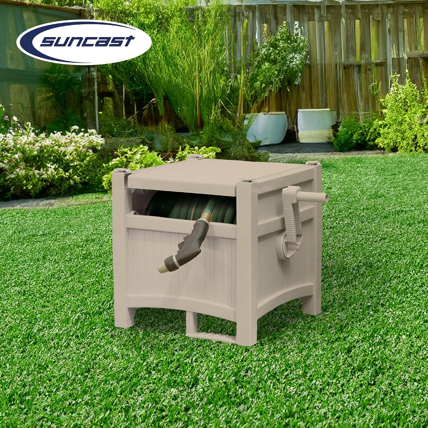 Suncast 100 Foot Capacity Hideaway Garden Hose Reel for 1.9 inches Hose Outdoor Storage with Stay Up Lid and Crank Handle, Taupe 2 Pack