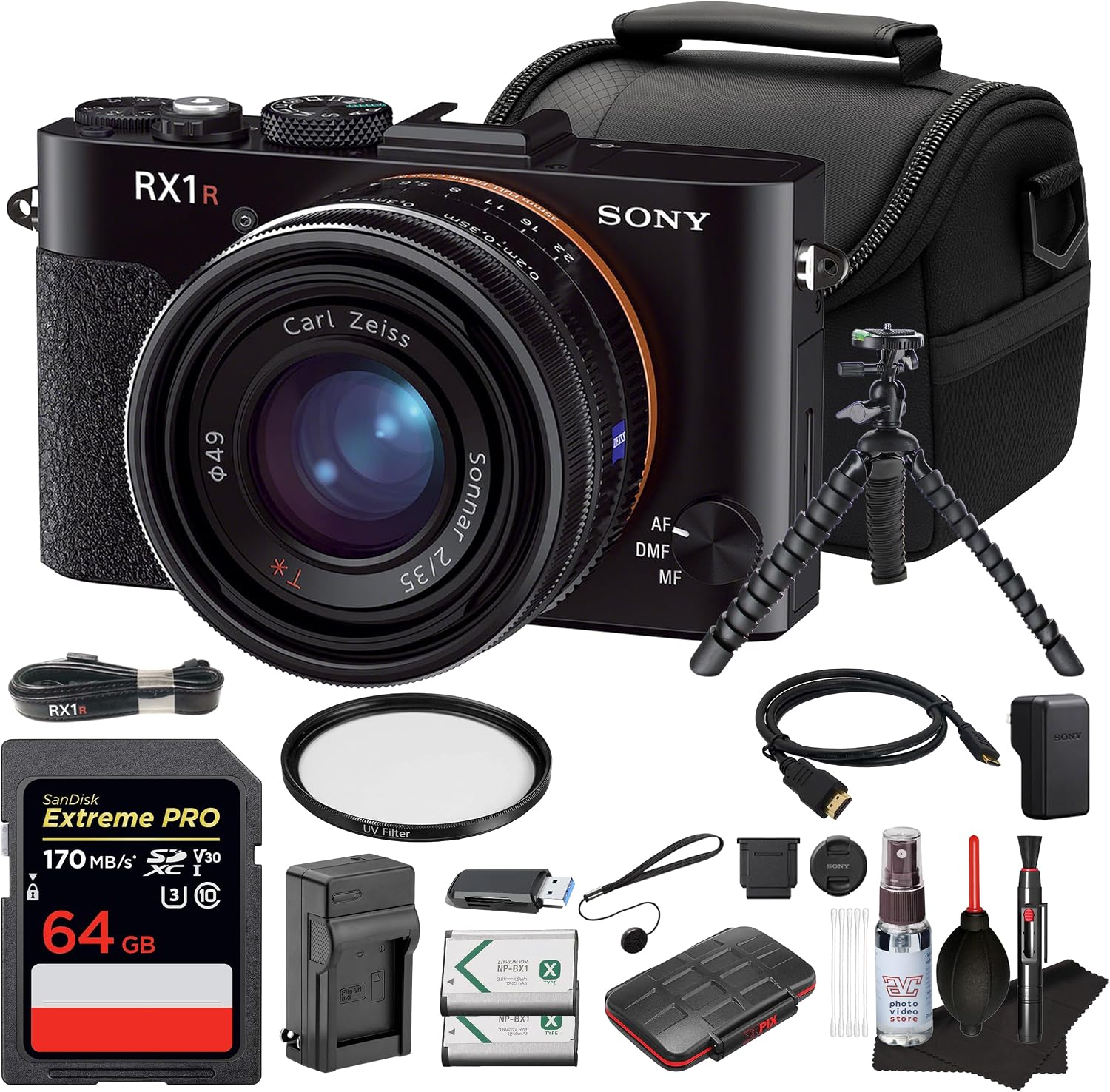 Sony Cyber-Shot DSC-RX1R Digital Camera– Full-Frame 24.3MP Camera with Fixed 35mm f/2 Zeiss Lens – for Travel, Street Photography & Portraits | 64GB Card | Replacement Battery | 49mm UV Filter | More