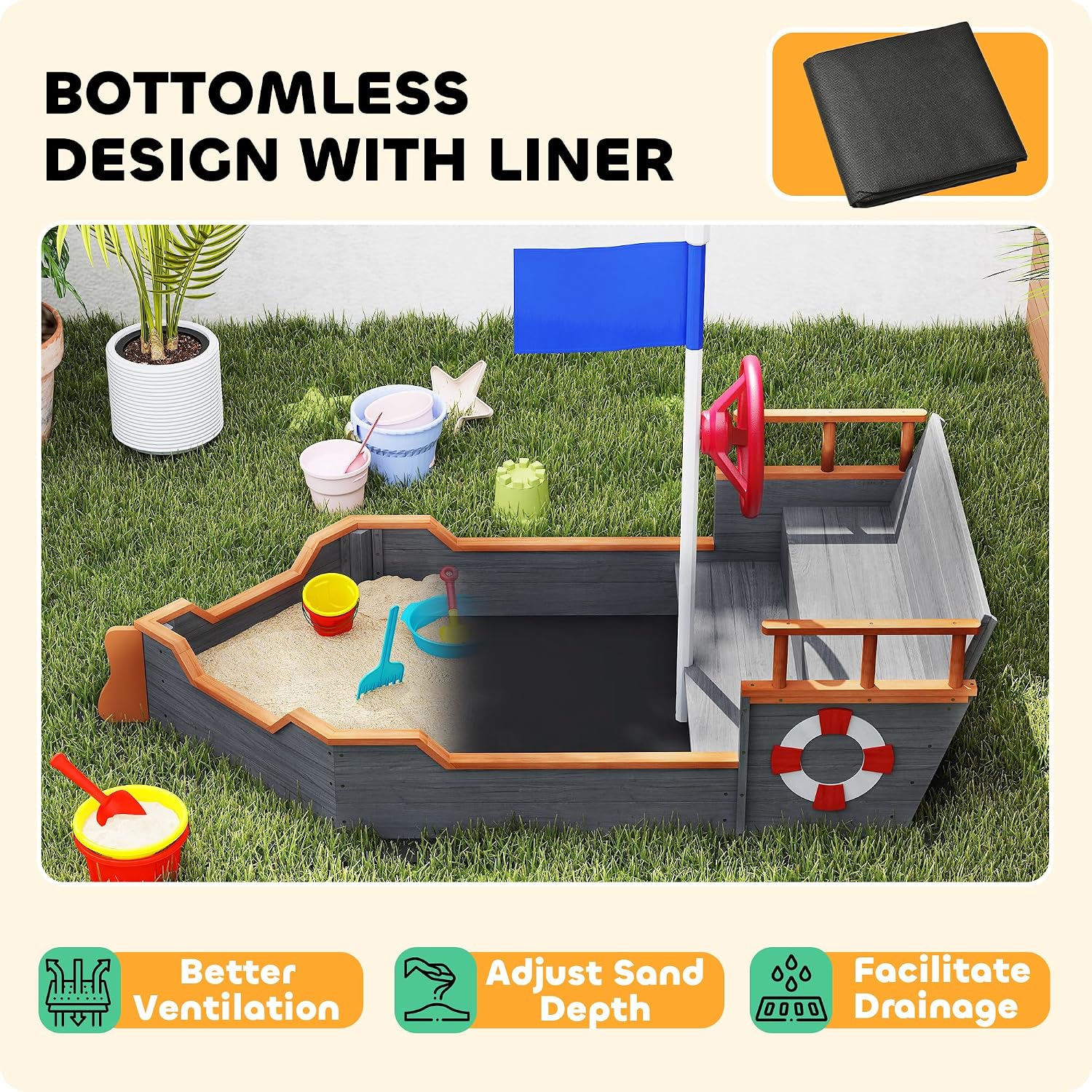 Outsunny Wooden Kids Sandbox, Ship-Shape Outdoor Sandboat with Bench Seats, Storage, Non-Woven Fabric Cloth for Backyard, Lawn, Dark Gray