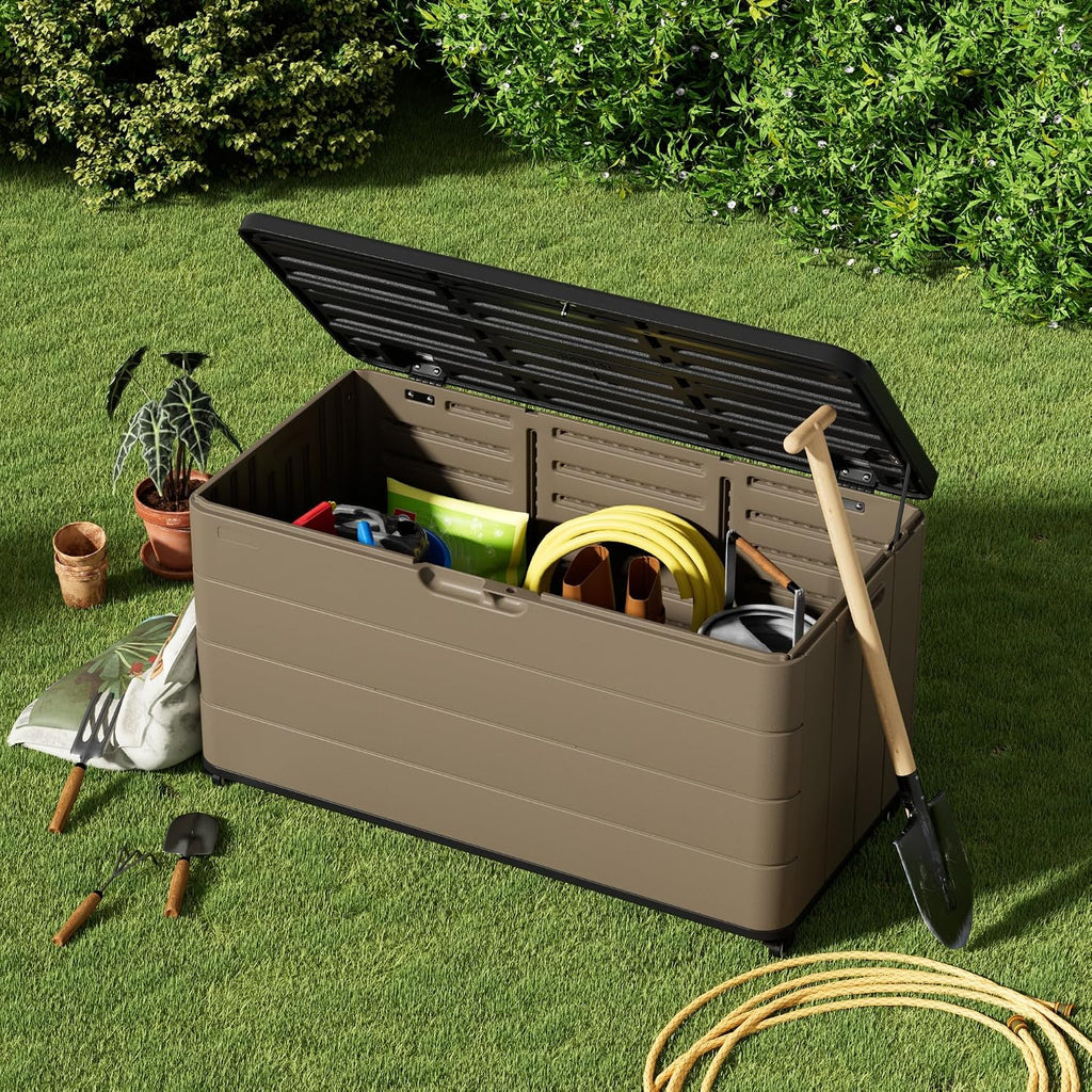 Mrosaa 110 Gallon Deck Box Waterproof with Wheels - Mobile Double-Wall Resin Outdoor Storage Box for Patio, Pool, & Garden - Lockable Deck Storage for Cushions, Pool Floats, Boat Slip (Brown)