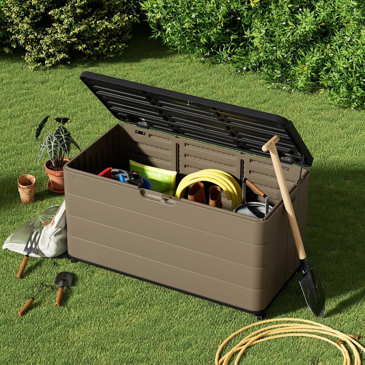 Mrosaa 110 Gallon Deck Box Waterproof with Wheels - Mobile Double-Wall Resin Outdoor Storage Box for Patio, Pool, & Garden - Lockable Deck Storage for Cushions, Pool Floats, Boat Slip (Brown)