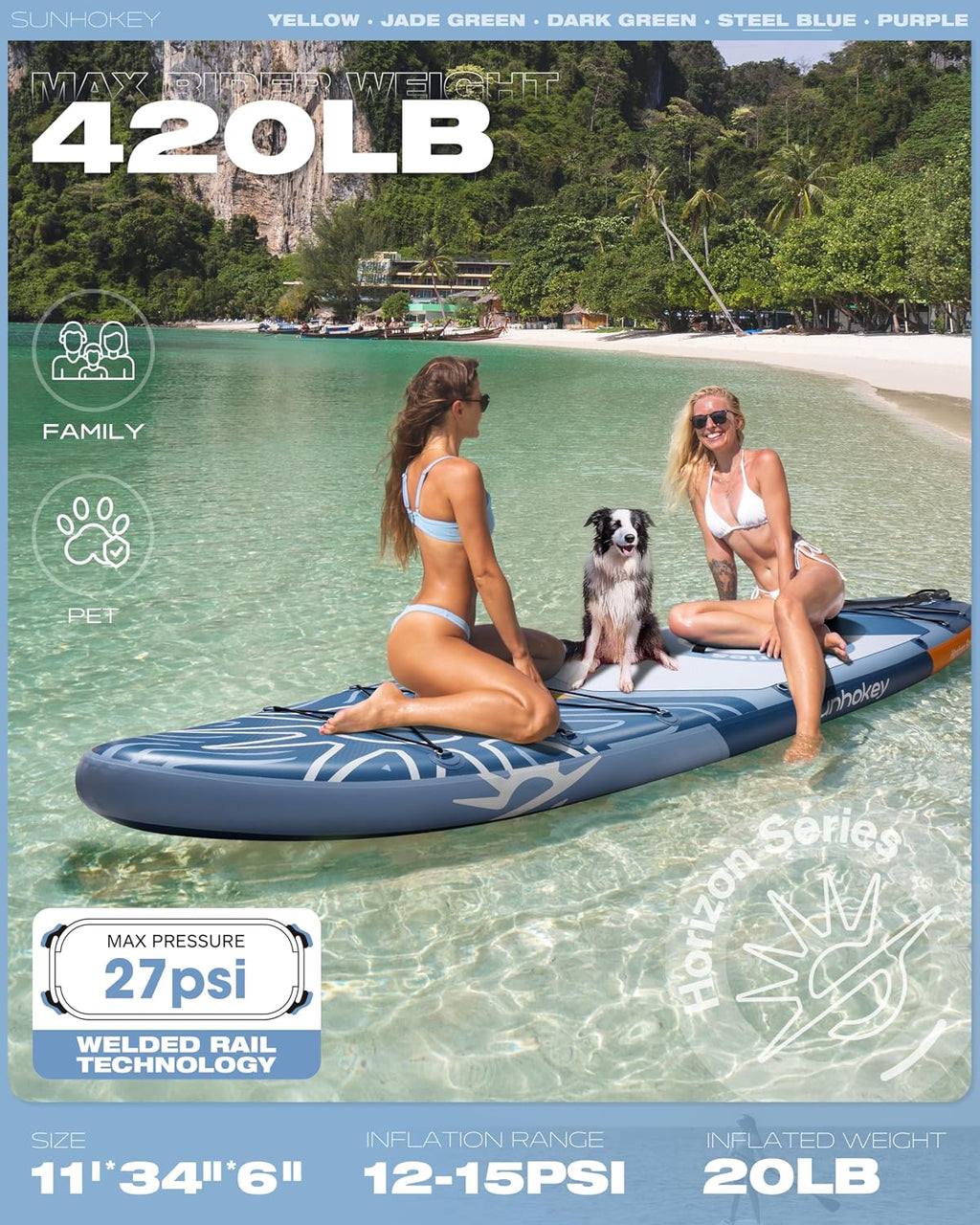 11'×34'' Extra Wide Inflatable Paddle Board with Seam Welded Technology, Stand Up Paddle Board, 420lb Capacity for Adults, Sup Board for All-Level with 2-Blade Paddle/Dual-Action Pump/Leash