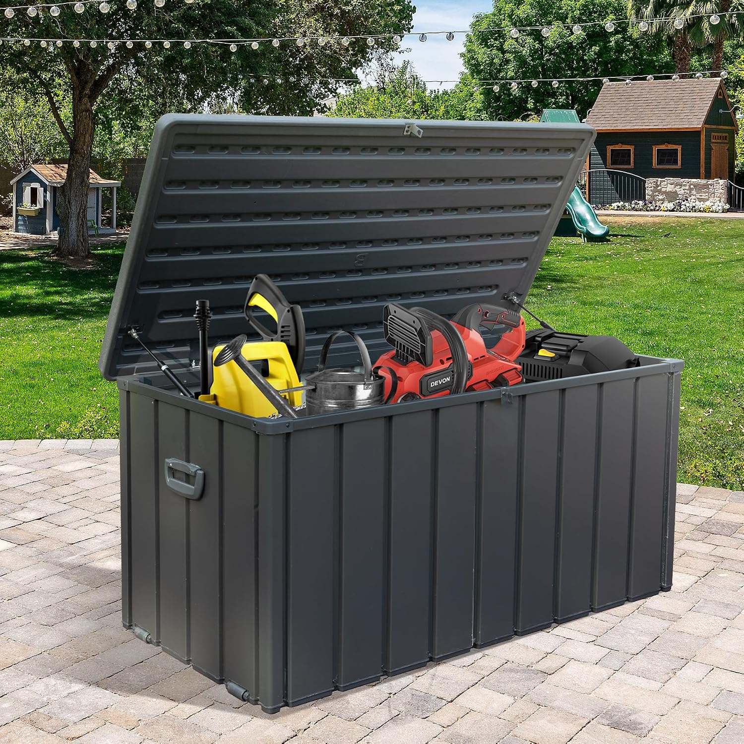 Domi 120 Gallon Deck Box, Outdoor Metal Lockable Storage Cabinet with Resin Lid, Waterproof Steel Outdoor Bench with Lockable Lid, Side Handles for Outside Cushions, Pillows, Garden Tools, Grey