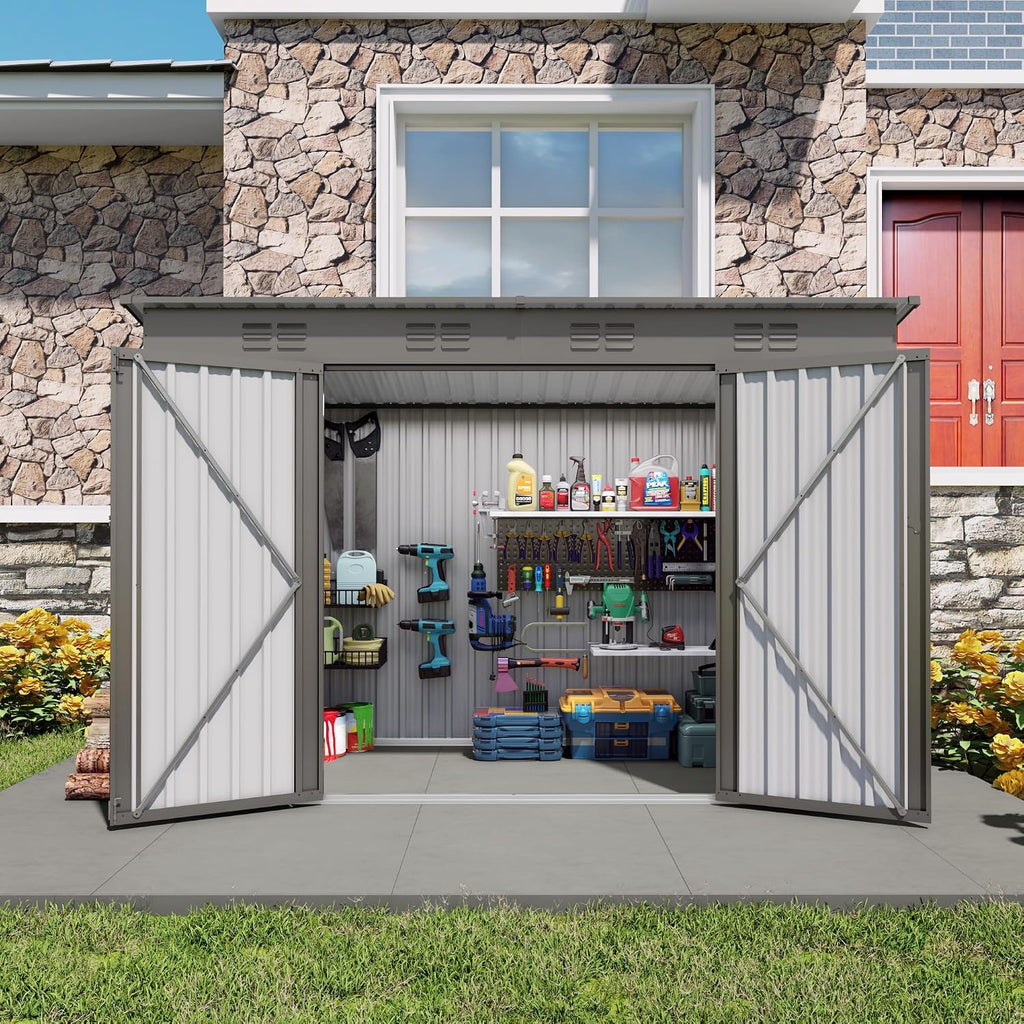 9x4 FT Outdoor Storage Shed, Metal Garden Shed with Window, Outside Tool Sheds with Lockable Hinged Doors, Waterproof Storage Building with 6 Air Vents for Backyard, Patio, Lawn, Gray