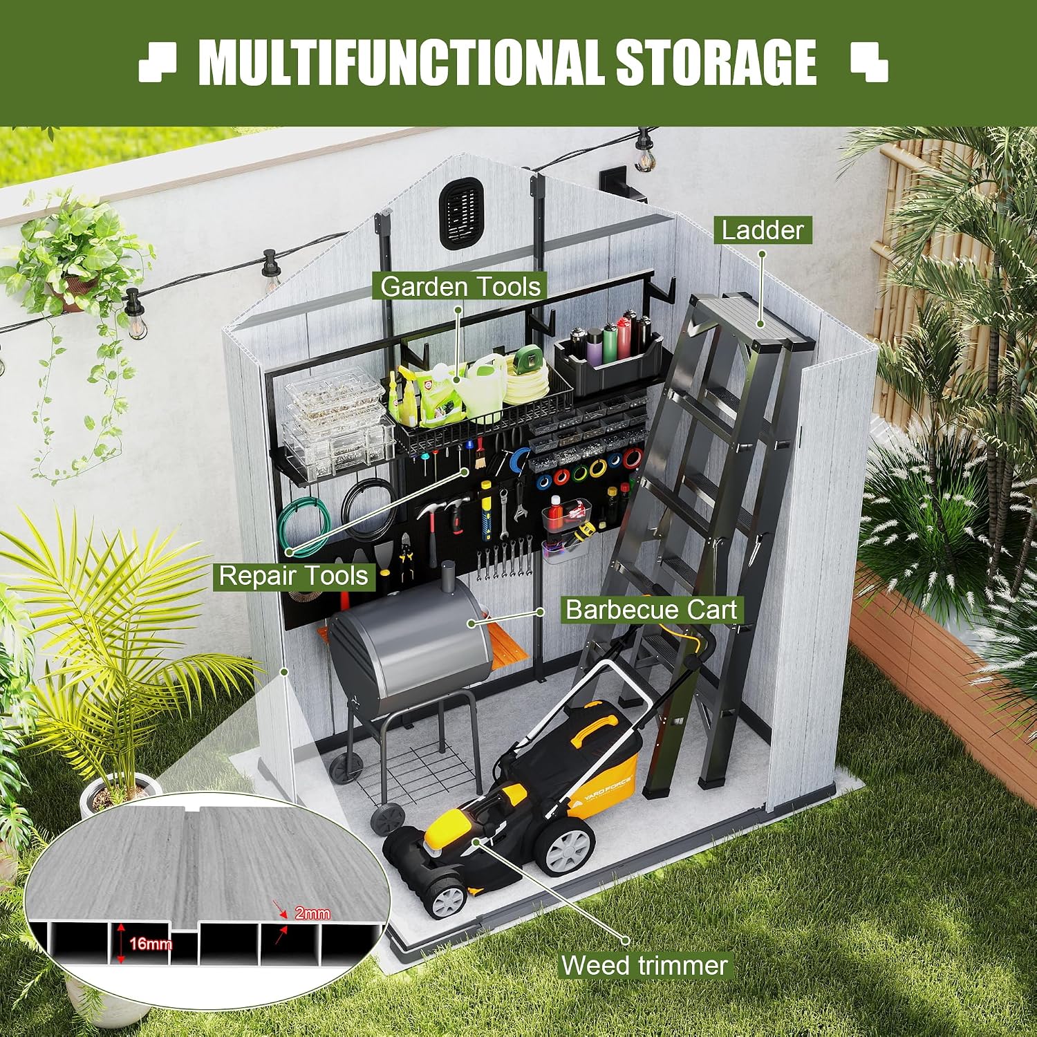 Domi 5x3FT Outdoor Resin Storage Shed with Transparent Windows & Louvered Vents, Plastic Tool Shed with Double Lockable Doors & Gable Roof, Outside Garden Shed for Backyard, Patio, Lawn, Grey