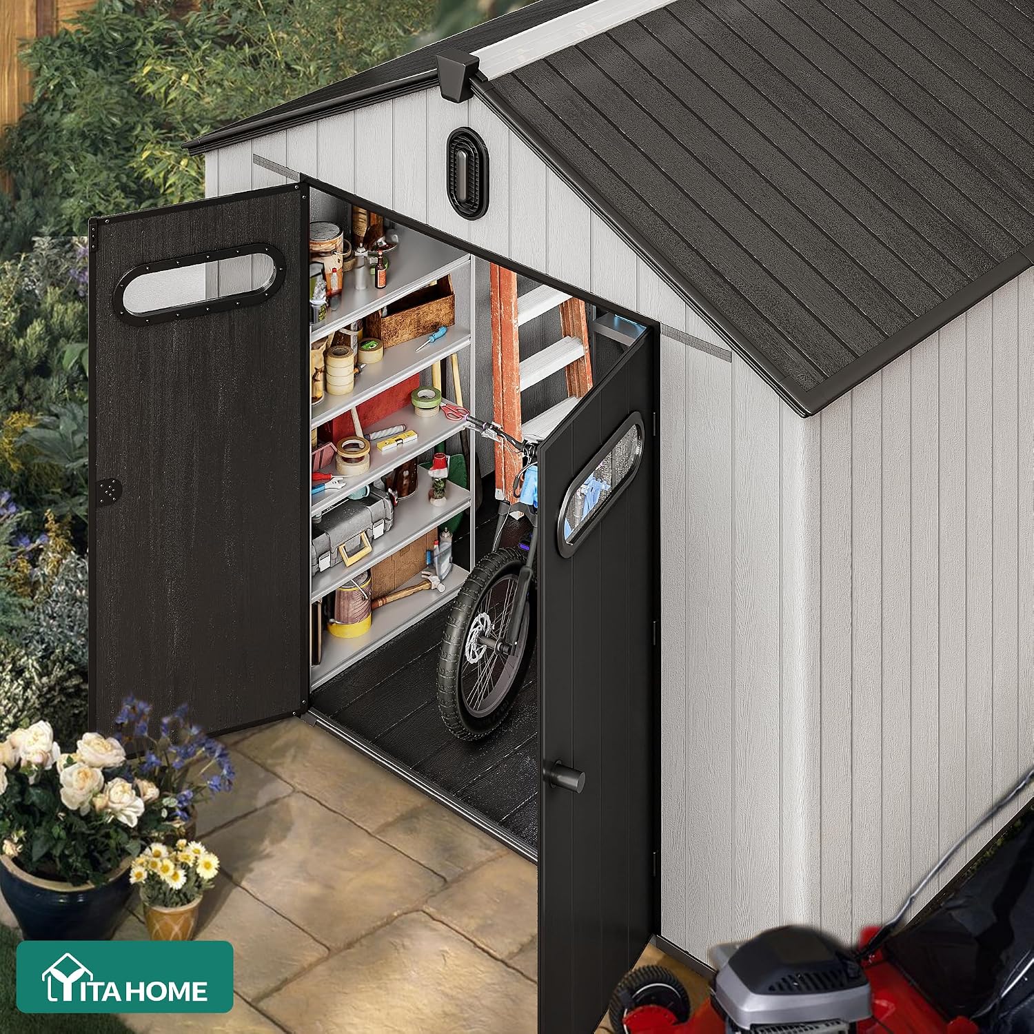 YITAHOME 8x8ft Outdoor Plastic Storage Shed with Floor, Extra Thick Waterproof Garden Shed with Lockable Door, Oval Vision Windows &Vents, 16mm Heavy Duty Tool Storage for Patio, Lawn, Bikes, Gray