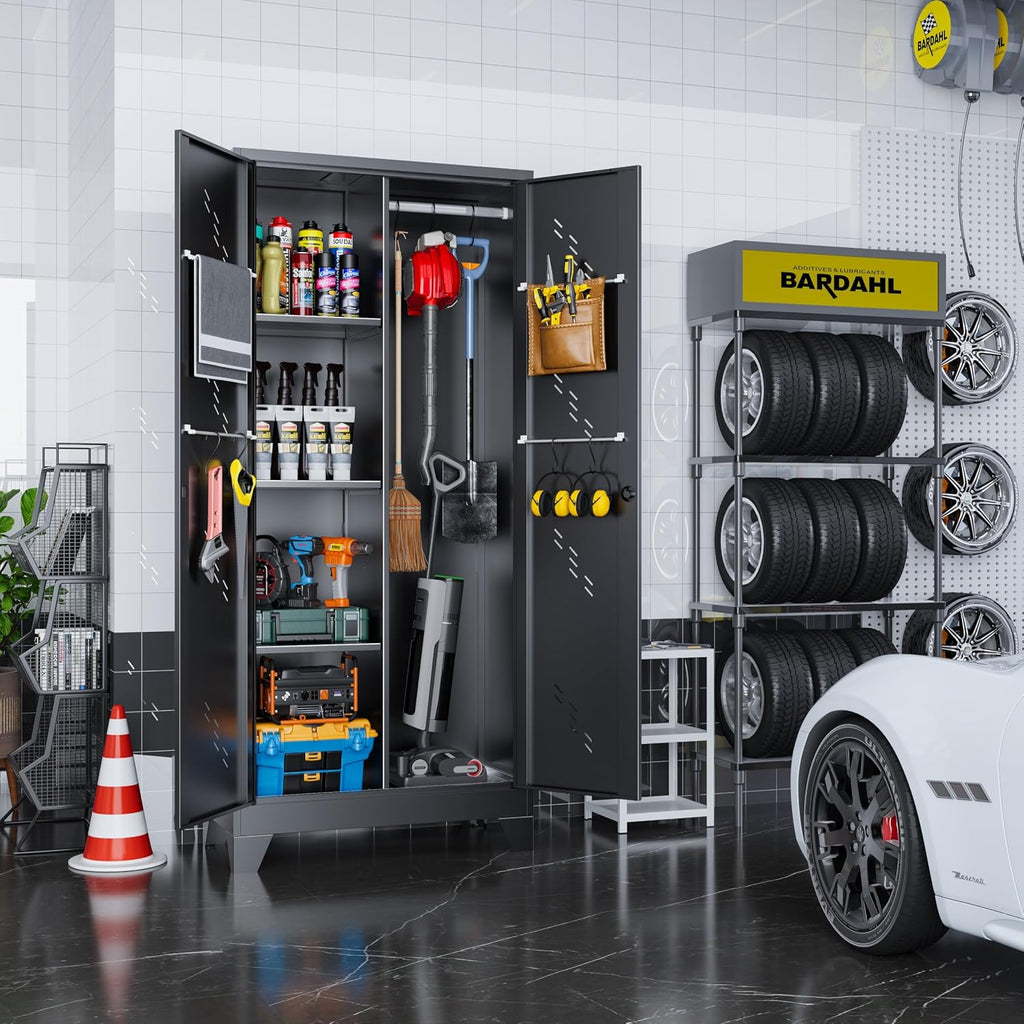 VASAAOSD Metal Garage Storage Cabinet with Locking Doors, 71' Tall Broom Closet Storage Cabinet, Heavy Duty Garage Organization Cabinets, Steel Cabinet with Hanging Rod, Assembly Required