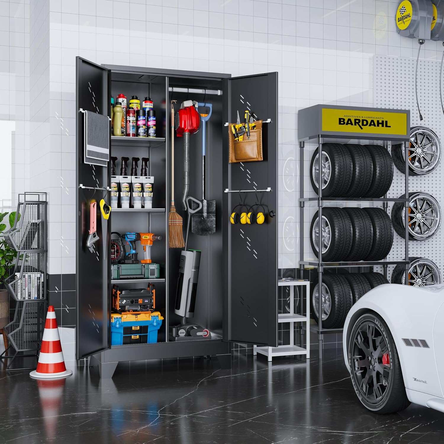 VASAAOSD Metal Garage Storage Cabinet with Locking Doors, 71' Tall Broom Closet Storage Cabinet, Heavy Duty Garage Organization Cabinets, Steel Cabinet with Hanging Rod, Assembly Required