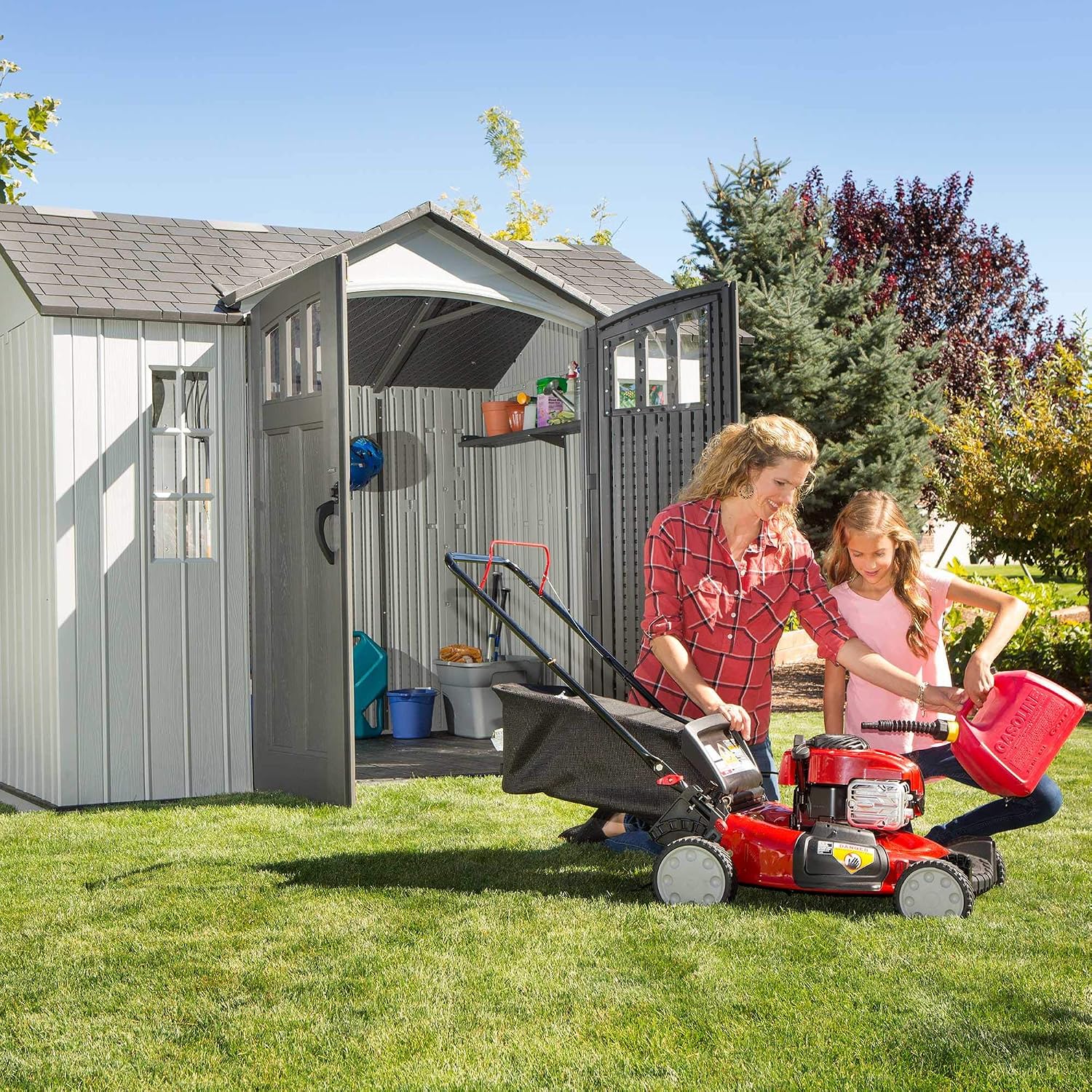 Lifetime 10×8 Ft. Outdoor Storage Shed, Dual‑Wall HDPE with Steel‑Reinforced Structure, Side‑Entry Doors with Windows, Skylight, Screened Vents, Adjustable Shelves, Slip‑Resistant Floor, UV‑Protected