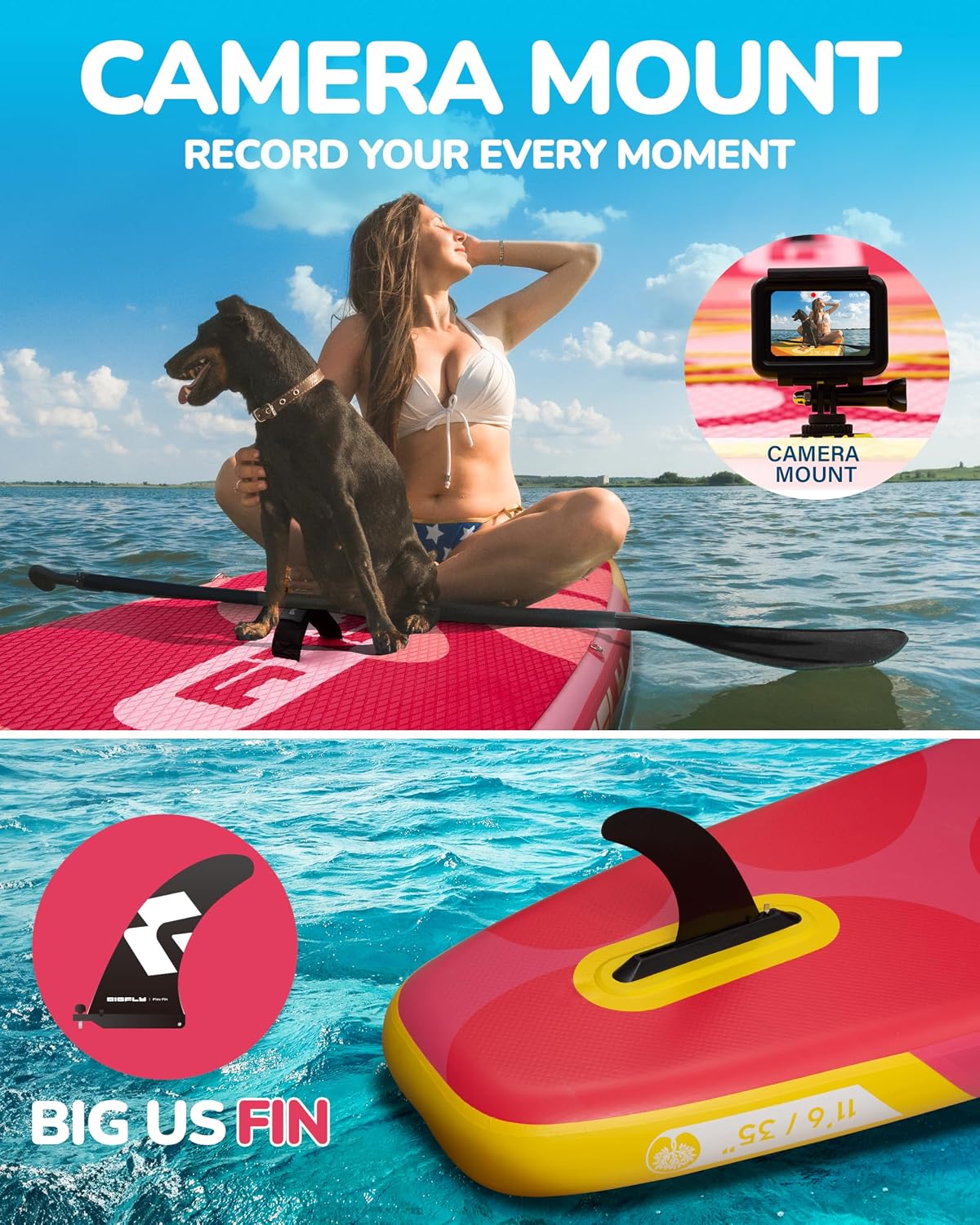 Bigfly 11'6×35' Super Wide Inflatable Stand Up Paddle Board, Ultra Stable Wide SUP for 2+1 People/Family/Big Size, 100L Backpack, All-Round Sup Board, US Big Fin