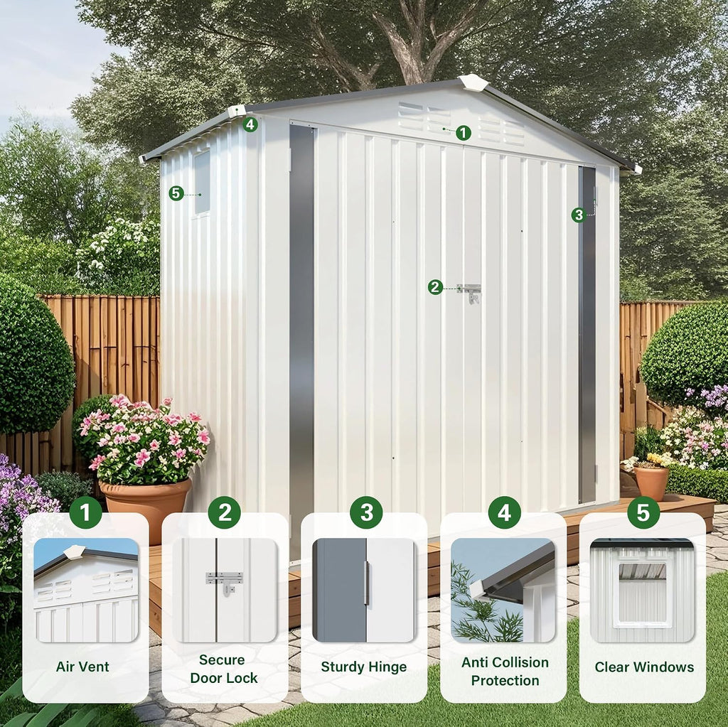 6x3.5 FT Outdoor Storage Shed, Small Metal Garden Shed with Window, Outside Tool Sheds with Lockable Hinged Doors, Waterproof Storage Building with 4 Air Vents for Backyard, Patio, Lawn, White