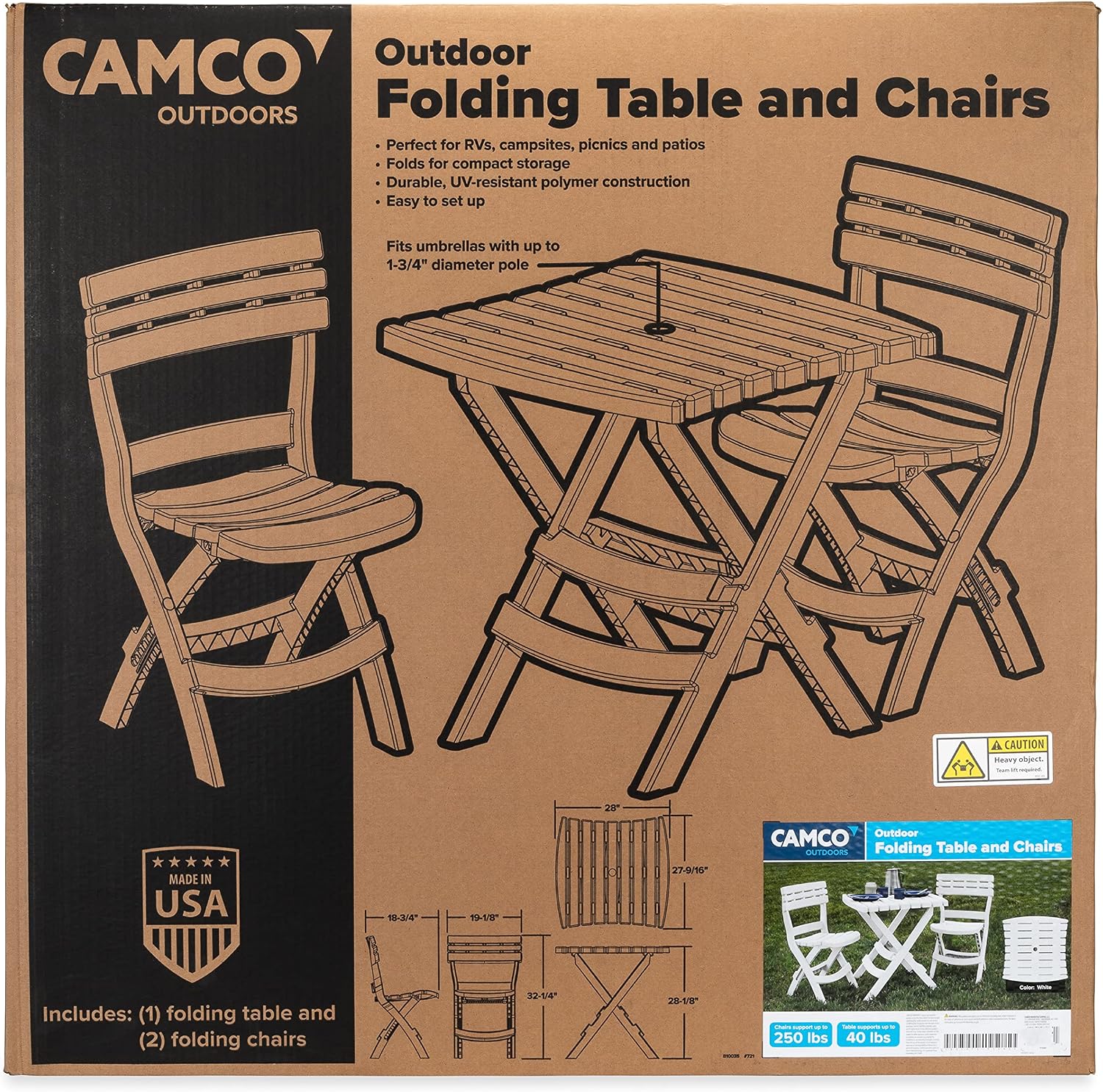 Camco Outdoor Table and Chair Set | Features Foldable Design for Compact RV Storage and Organization | Great for Camping, Events, Patios, and More | No-Tool Assembly | 3-Piece, White (51640)