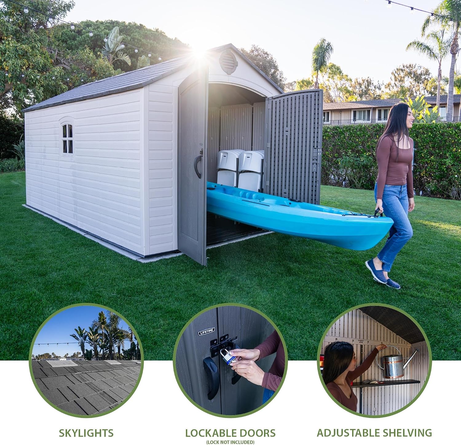 Lifetime Outdoor Storage Shed, 8x15 Ft, Desert Sand, Resin Backyard Tool Shed with Lockable Doors and Weather-Resistant Panels