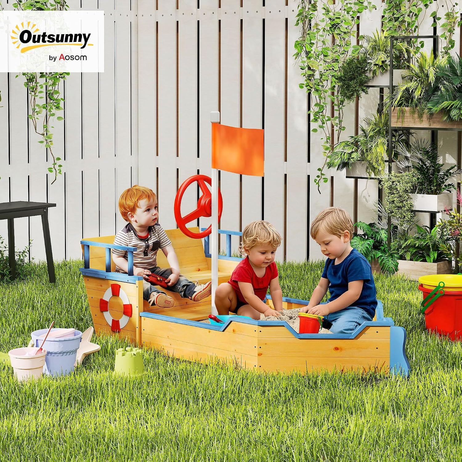 Outsunny Wooden Kids Sandbox, Ship-Shape Outdoor Sandboat with Bench Seats, Storage, Non-Woven Fabric Cloth for Backyard, Lawn, Natural Wood