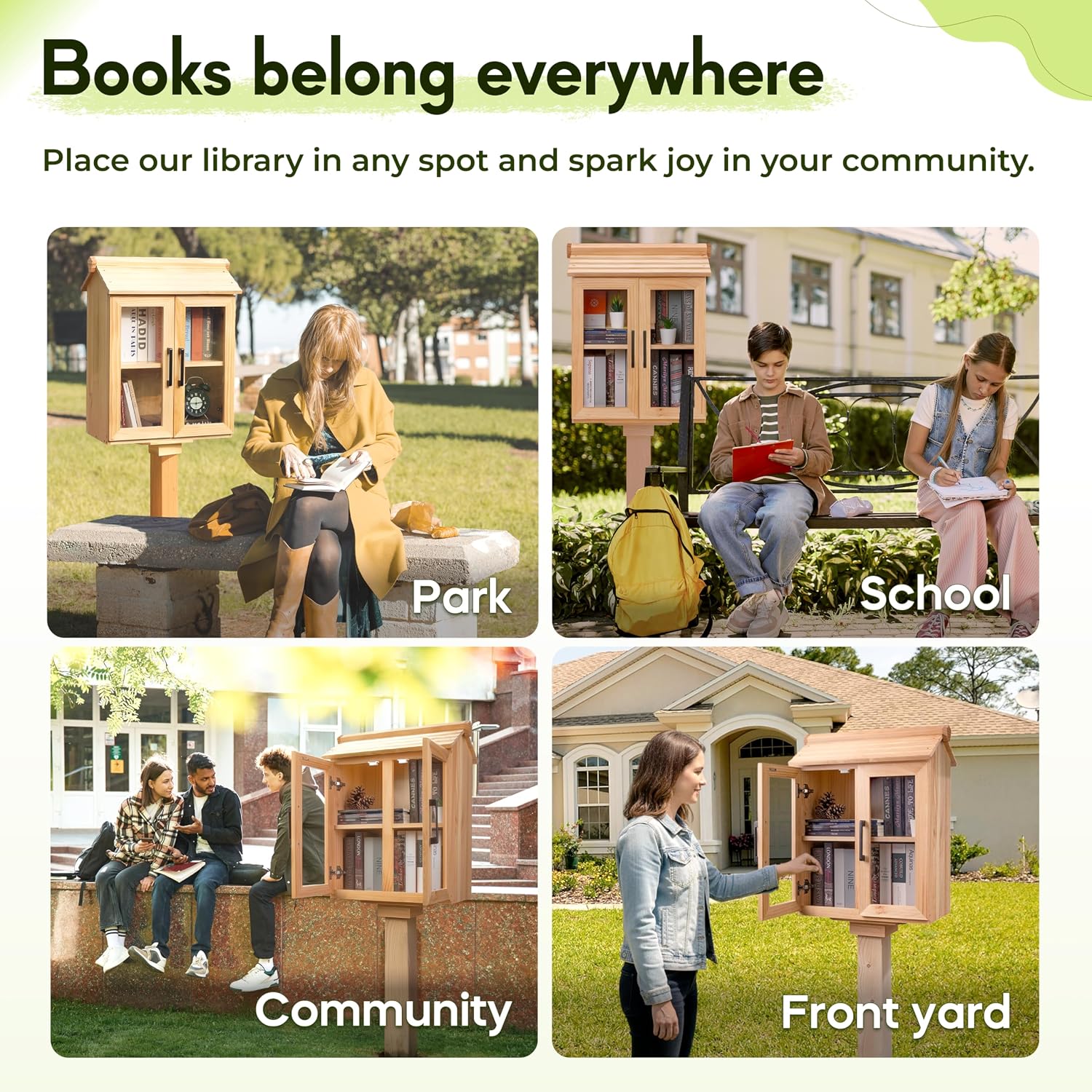 Little Library Box Outdoor Kit with Mount, 2-Tier Book Exchange Box (21×11×26 in), Waterproof Pine Little Free Library Kit with 2 Acrylic Doors, Outdoor Book Storage for Yards, Schools, Parks