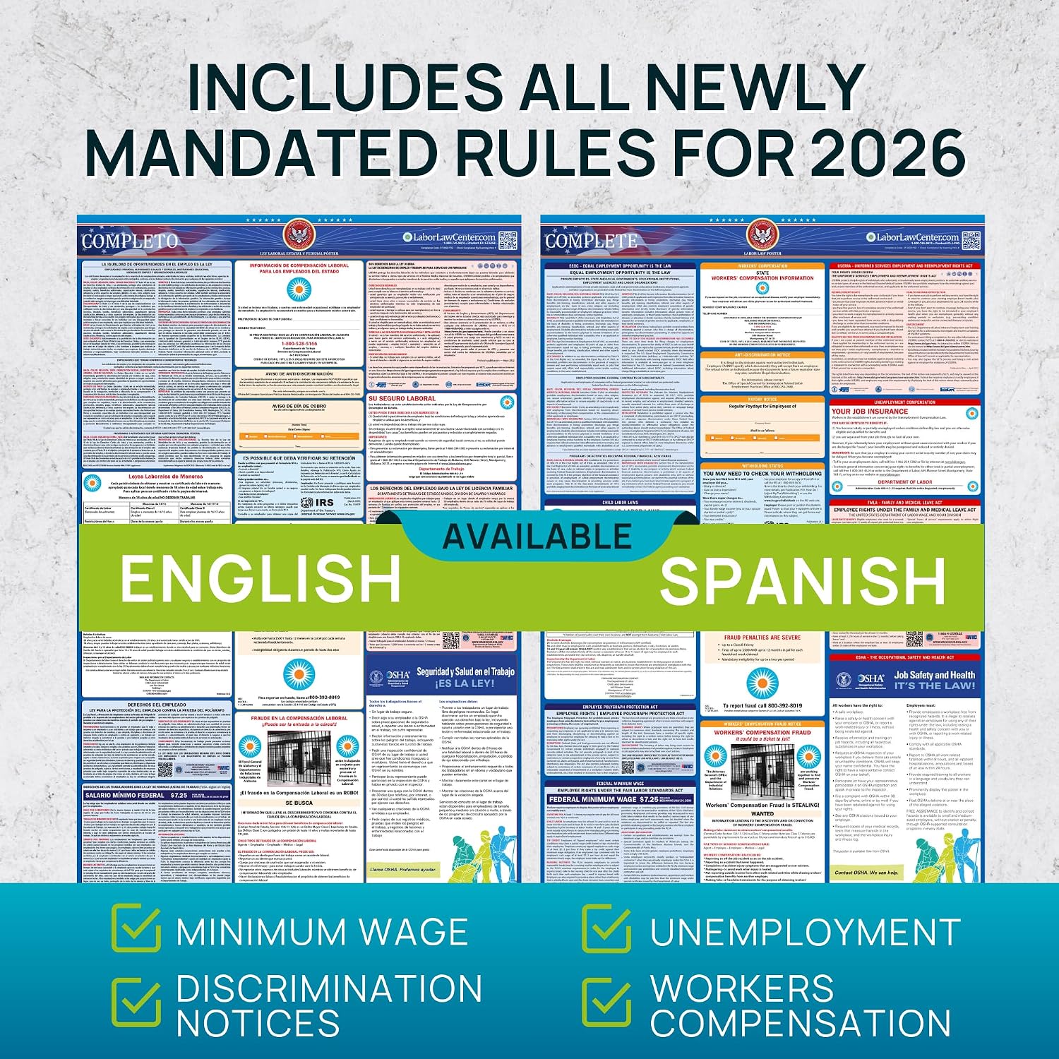 Illinois 2026 Labor Law Poster – State & Federal Compliance – OSHA, EEOC, FMLA, Minimum Wage – Durable, Laminated & Waterproof Workplace Employment Poster – Made in USA – 26' x 39.5', 5-Pack
