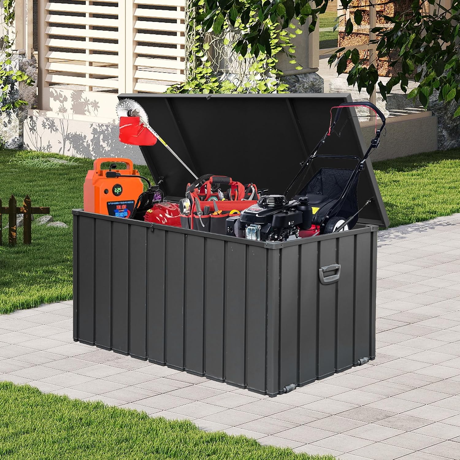 Domi 100 Gallon Deck Box, Outdoor Metal Lockable Storage Cabinet, Waterproof Steel Outdoor Bench with Lockable Lid, Side Handles & Rolling Casters for Outside Cushions, Pillows, Garden Tools, Grey