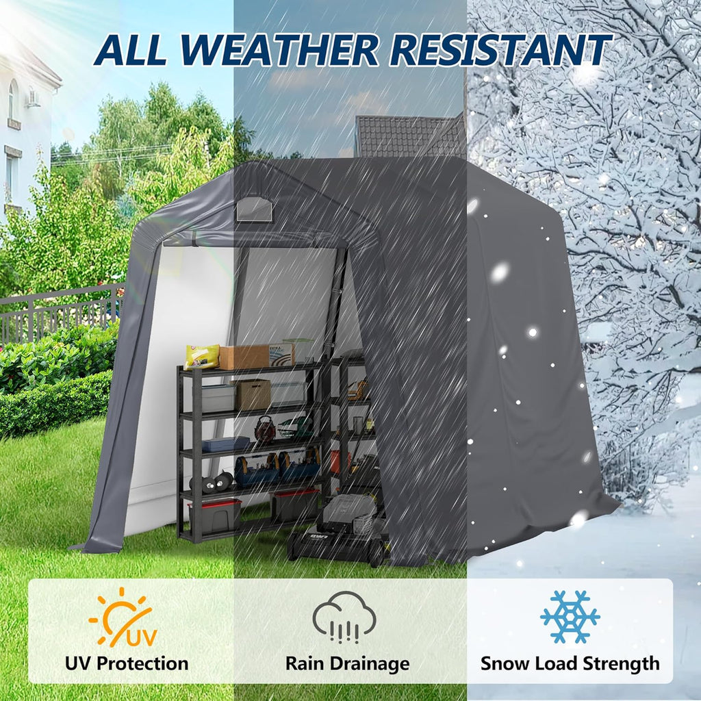 COVERONICS 7' x 12' Outdoor Storage Shed - Heavy Duty Portable Shelter Carport with Ventilation Windows and Roll-up Doors, Storage Shelter Tent for Motorcycle, Bike, Lawnmower and Garden Tools, Grey