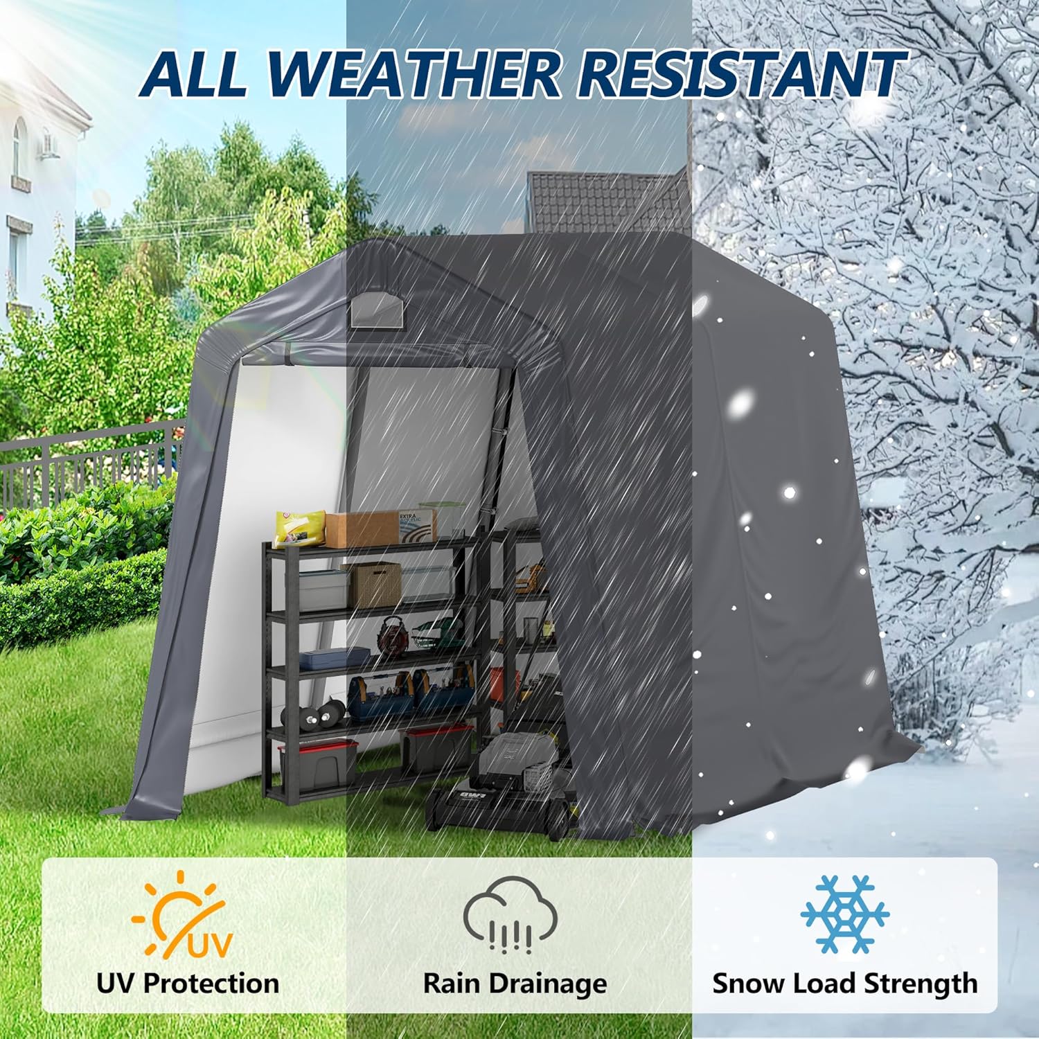 COVERONICS 7' x 12' Outdoor Storage Shed - Heavy Duty Portable Shelter Carport with Ventilation Windows and Roll-up Doors, Storage Shelter Tent for Motorcycle, Bike, Lawnmower and Garden Tools, Grey