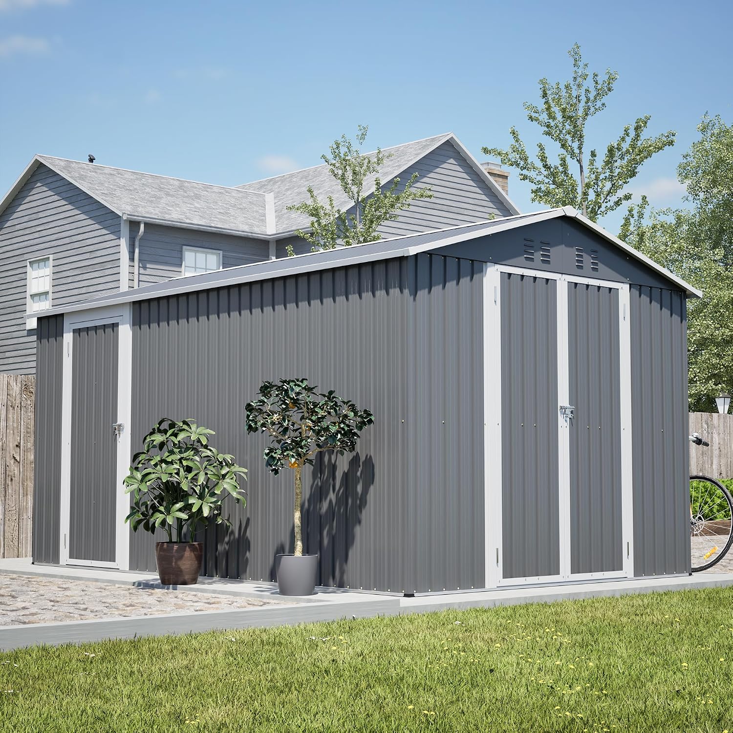 YOPTO 8x12 FT Metal Outdoor Storage Shed,Garden Shed W/ 2 Reversible Lockable Doors & Updated Frame Structure,Outdoor Backyard Tool House W/ 4 Air Vents & Sloped Roof,for Patio,Lawn,Grey