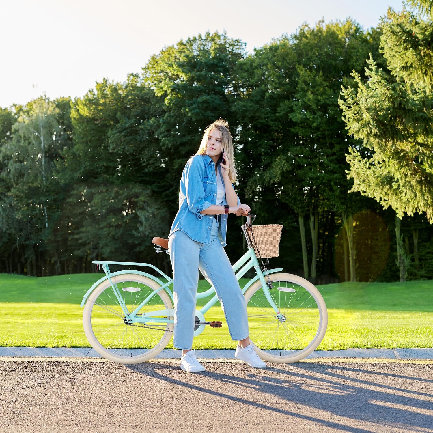 20'/24' Inch Girls Cruiser Bike 1-Speed Hybrid City Bicycle for Youth 7-10+ Years Old with Wicker Basket & Rear Rack，Kids Cycle Bikes，Hand&Pedal Brake，Steel Frame，Multiple Colors
