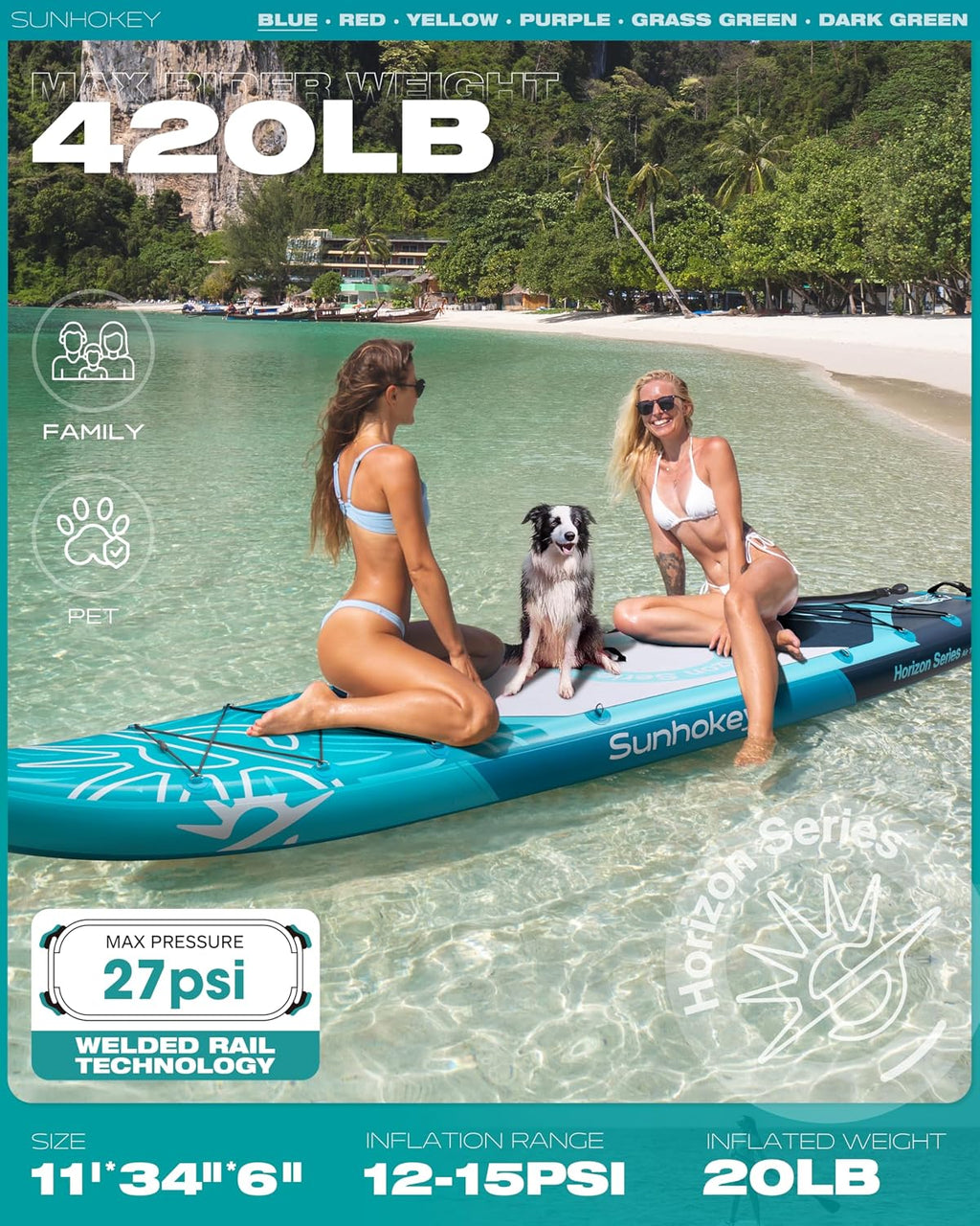 11'×34'' Extra Wide Inflatable Paddle Board with Seam Welded Technology, Stand Up Paddle Board, 420lb Capacity for Adults, Sup Board for All-Level with 2-Blade Paddle/Dual-Action Pump/Leash