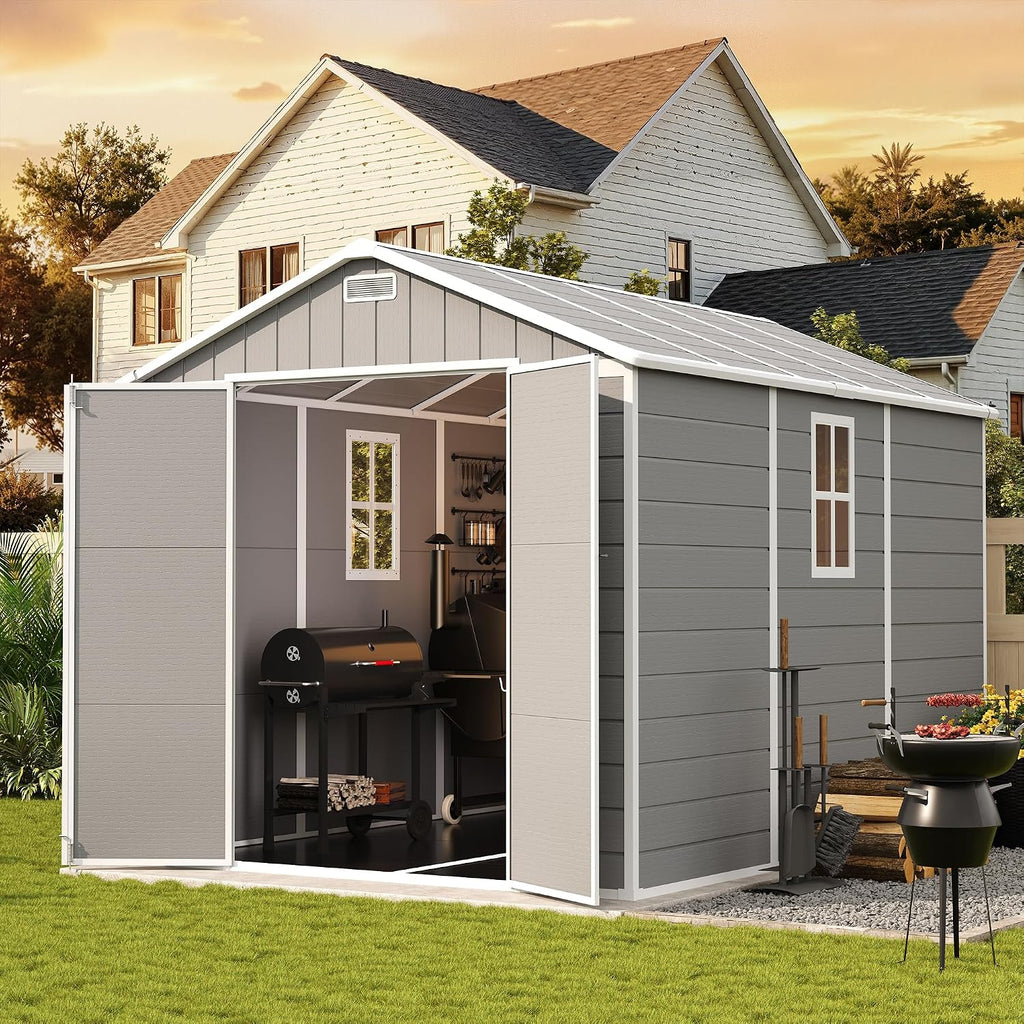 UDPATIO Storage Shed 8 x 10 FT, Resin Sheds & Outdoor Storage with Floor Large Clearance Outdoors Plastic Garden Tool Shed Tuff Outside Cottage Shed with Lockable Door for Bike, Garbage Gray White