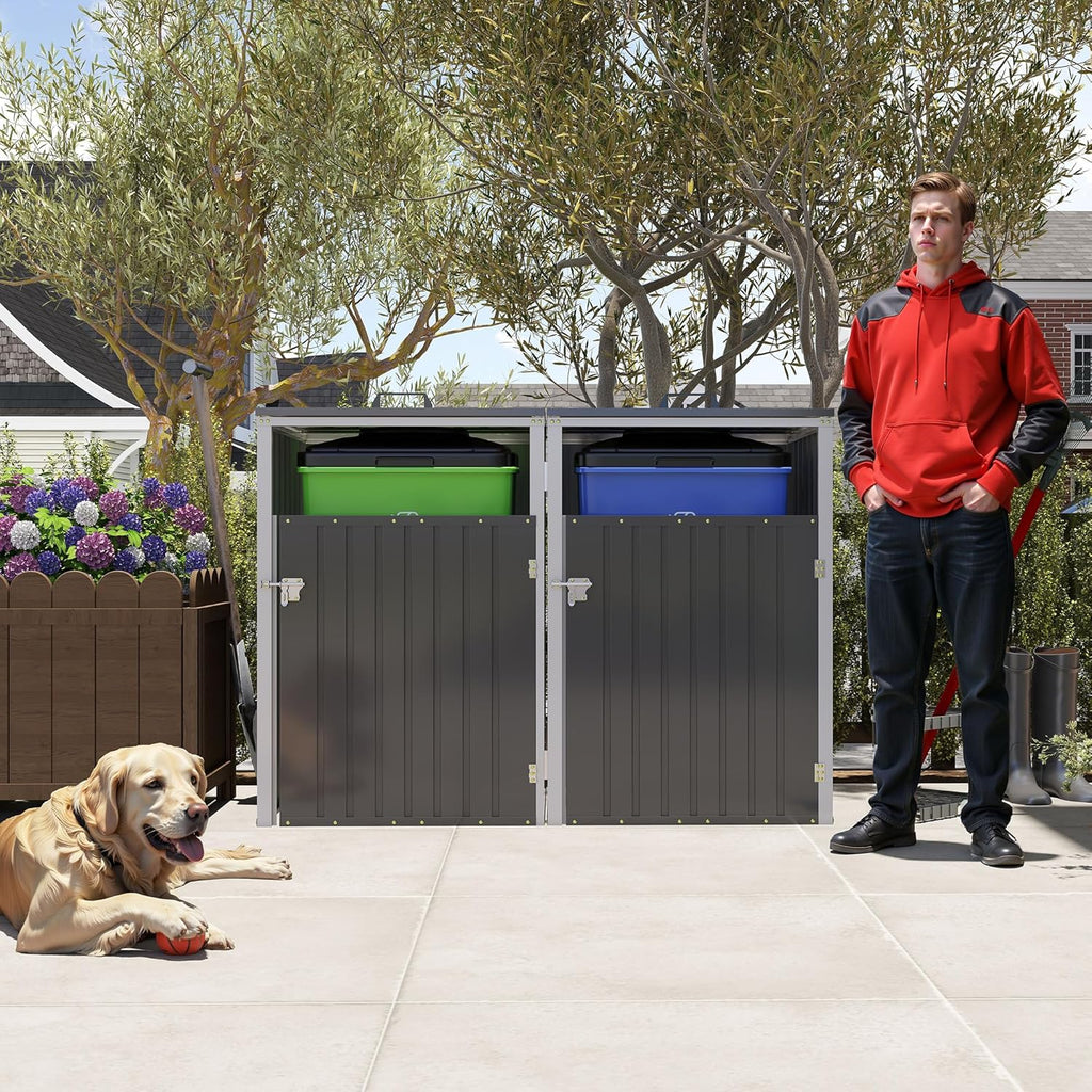 54 Cu Ft Outdoor Storage Shed, Metal Garbage Tool Trash Can Storage, Stainless Galvanized Steel, Pneumatic Support Rod, 2 Chains, Bike Storage Shed for 2 Trash Bins (Dark Gray)