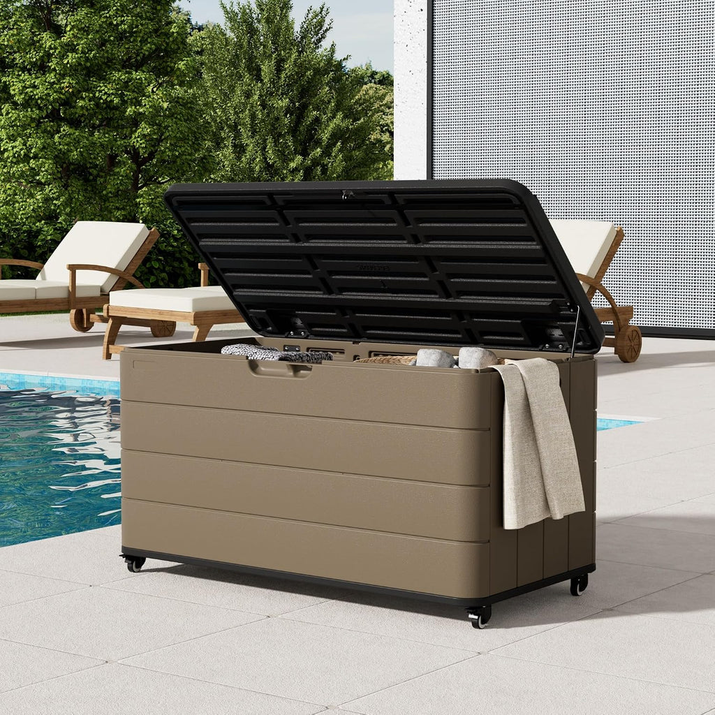 Mrosaa 110 Gallon Deck Box Waterproof with Wheels - Mobile Double-Wall Resin Outdoor Storage Box for Patio, Pool, & Garden - Lockable Deck Storage for Cushions, Pool Floats, Boat Slip (Brown)