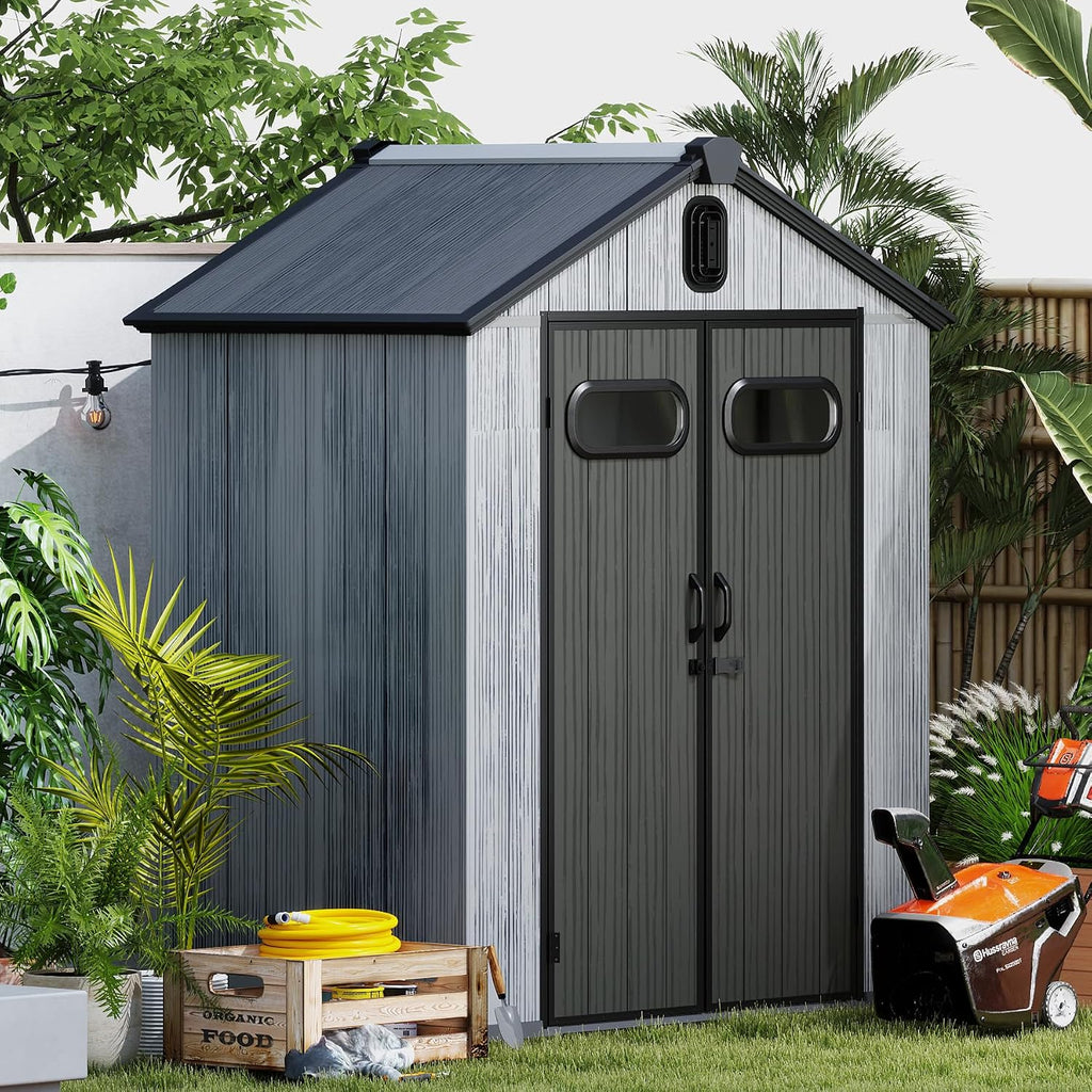 6X4FT Outdoor Resin Storage Shed, Waterproof Plastic Garden Shed with Lockable Door, Windows & Vents, Outside Storage Tool Shed for Patio Furniture, Lawn Mower, Bike