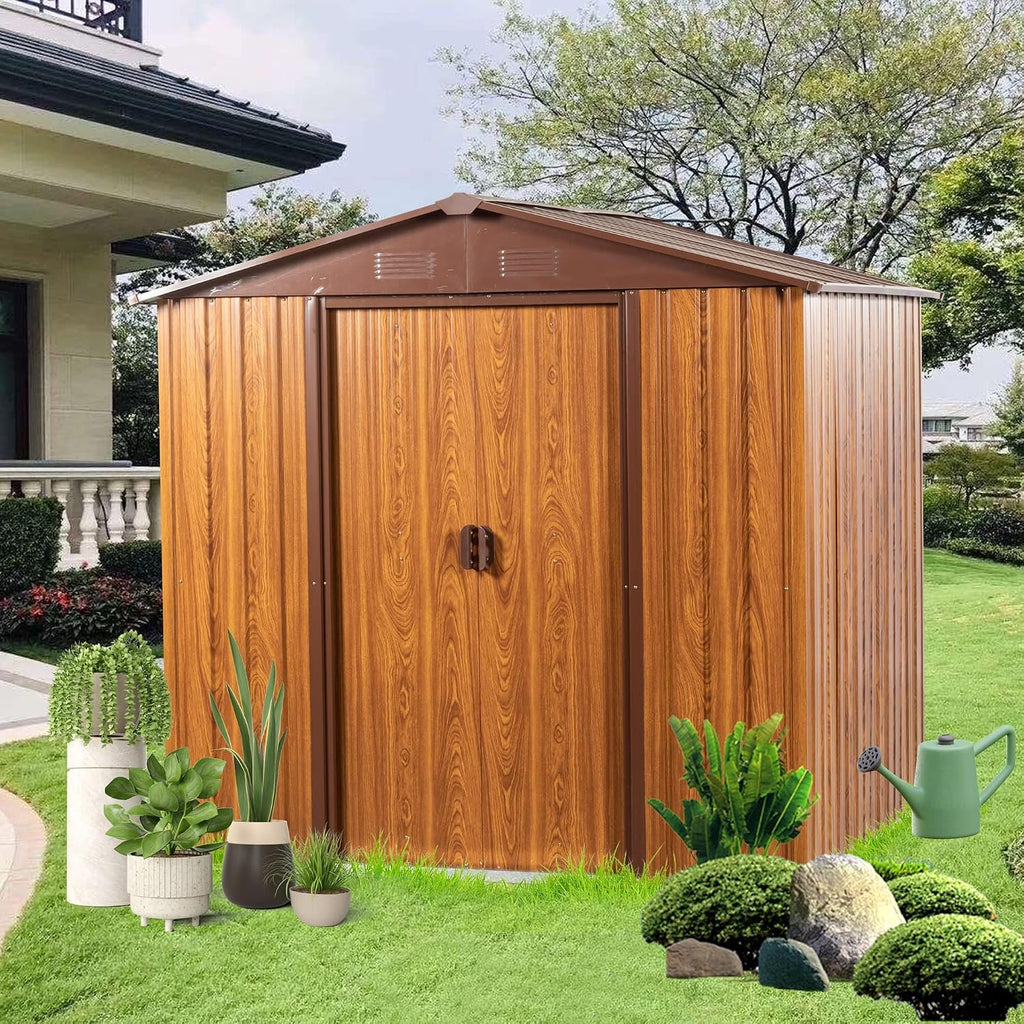 6 x 6 FT Outdoor Storage Shed, Metal Garden Shed with Floor Frame, Tool Shed Outdoor Storage with Lockable Sliding Doors & Air Vents, Storage House Waterproof for Backyard, Lawn, Coffee