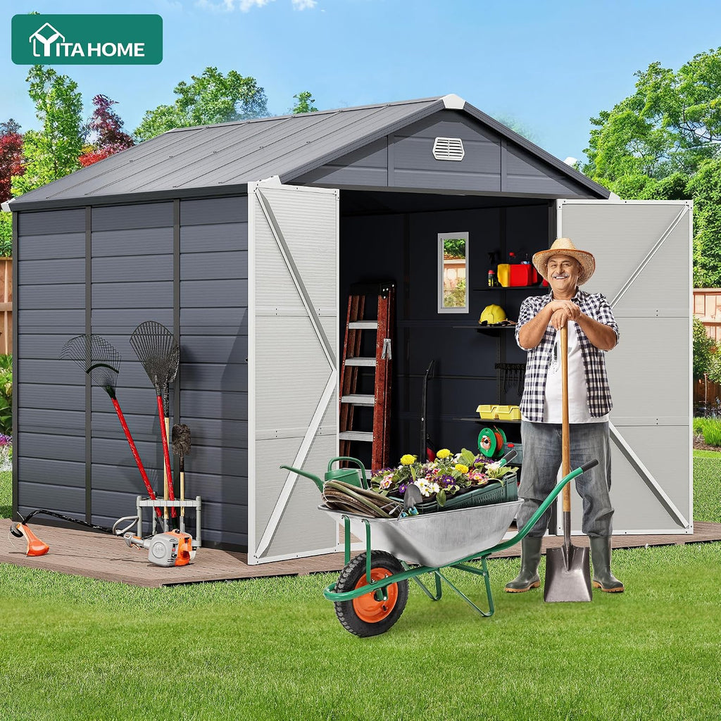 YITAHOME 8x9FT Resin Storage Unit sans Flooring, All-Weather Plastic Shed with Window, Vents and Secured Doors, Outdoor Plastic Tool Cabin for Poolside, Lawn, Backyard, Patio, Dark Gray