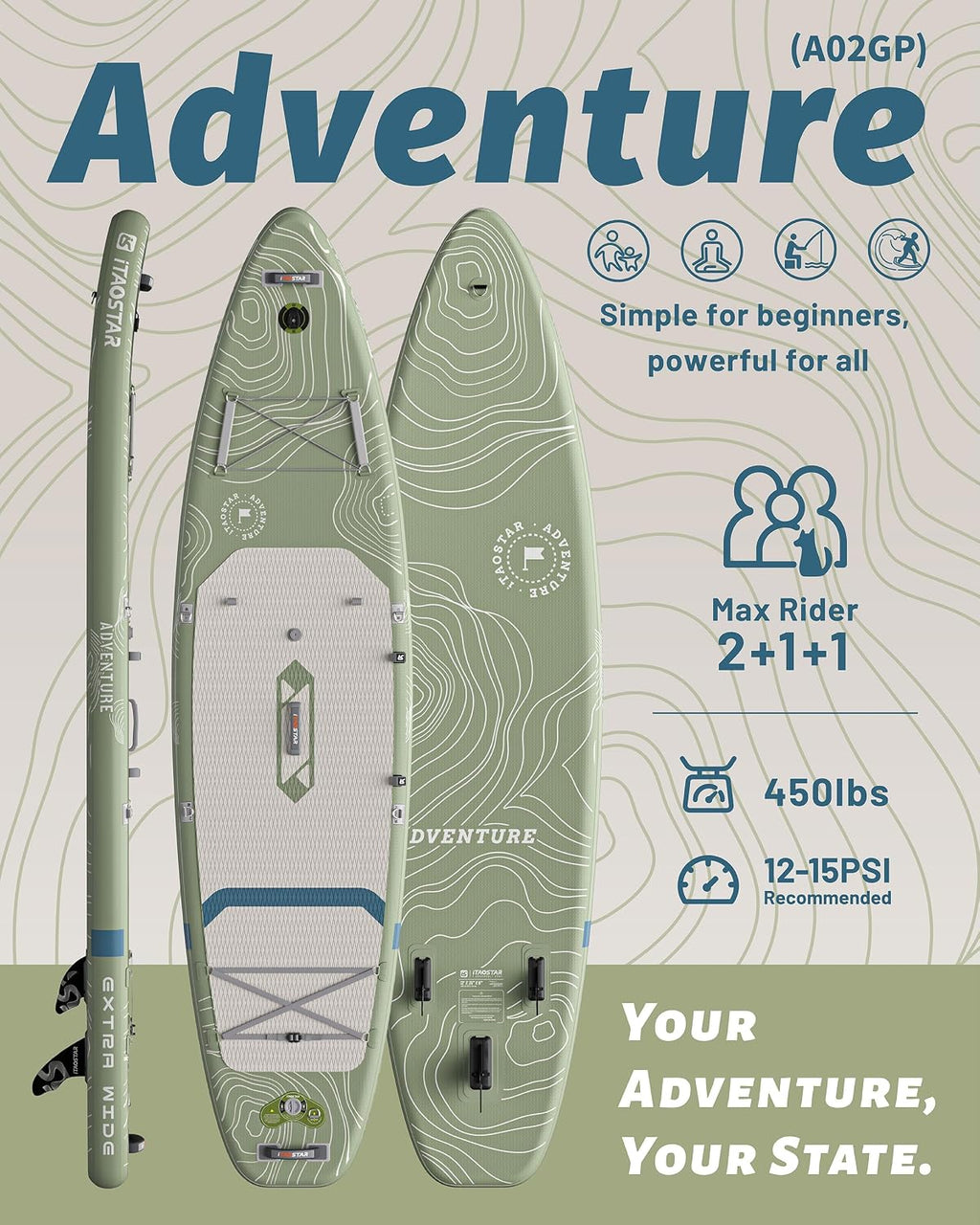 iTAOSTAR Adventure 12' × 35'/39' Inflatable Stand Up Paddle Board with Seat, Extra Wide SUP Board with 5 Fins Stable Design for Adults, Youth, All Skill Levels, Lakes, Oceans & Fishing