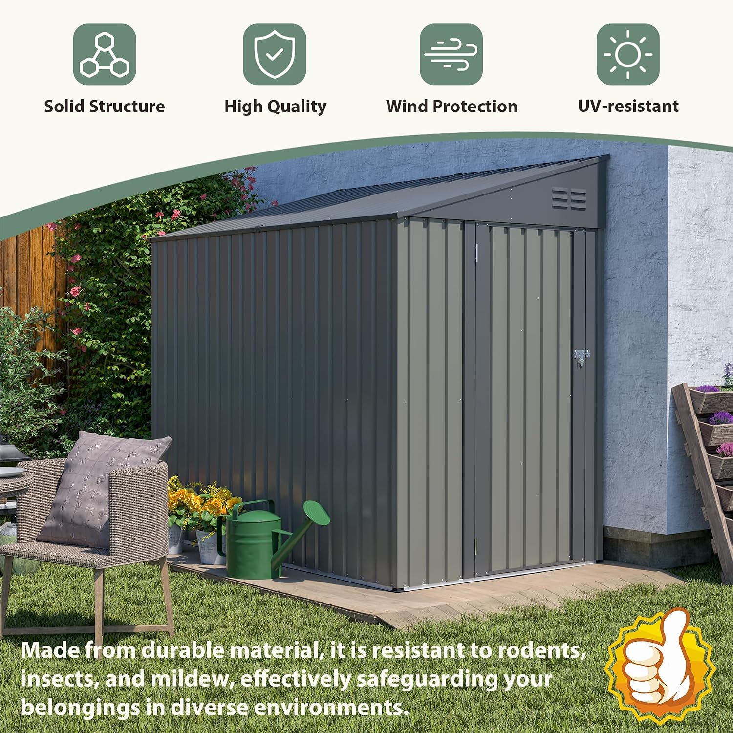 4x7 FT Lean to Shed with Single Lockable Side Door, Outdoor Metal Storage Shed, Sloping Roof Galvanized Utility Steel Tool Shed for Garden, Patio, Lawn & Backyard