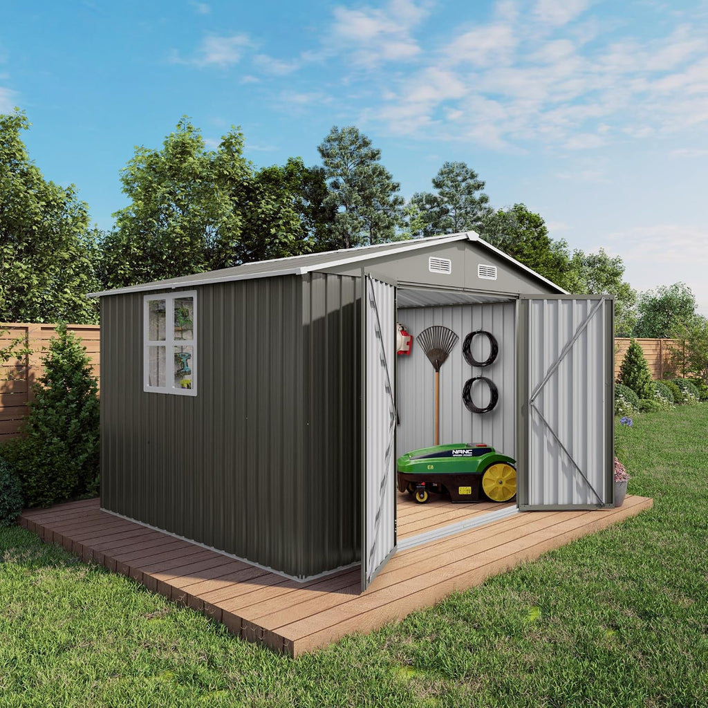 10x8 FT Outdoor Storage Shed, Metal Garden Shed with 4-pane Window, Outside Tool Sheds with Lockable Hinged Doors, Waterproof Storage Building with 4 Air Vents for Backyard, Patio, Lawn, Gray