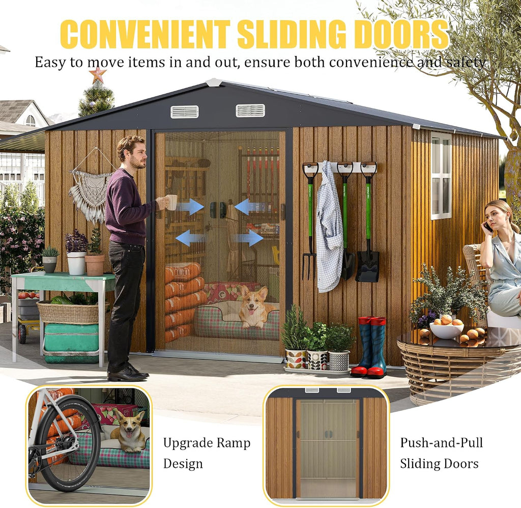 YOPTO 10x12 FT Outdoor Storage Shed,Extra Large Metal Garden Tool Shed with Lockable Doors,Windows & Air Vents,Dual-Zone Design Outside Steel Tiny House for Backyard, Patio Lawn,Yellow